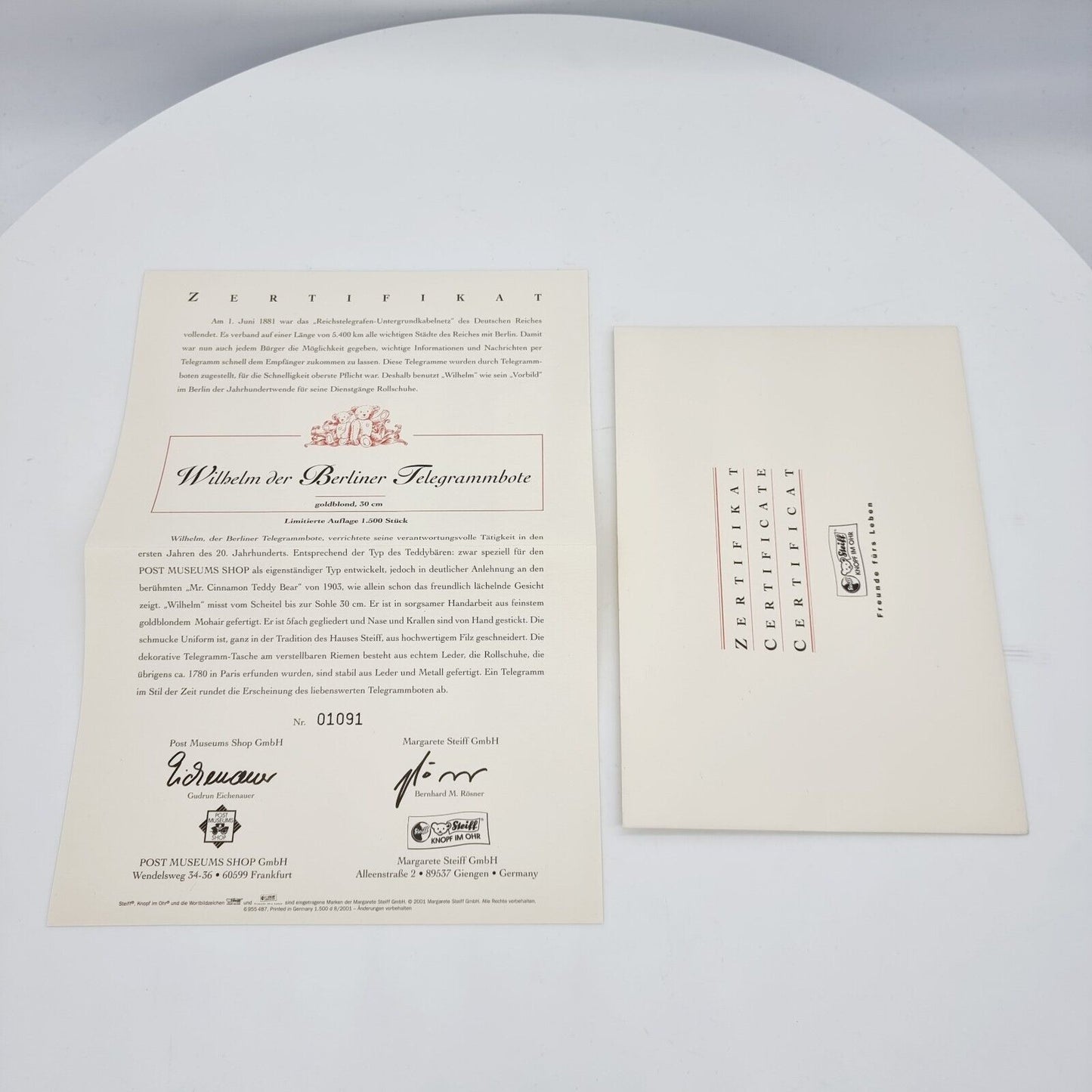 Steiff 995316 Wilhelm der Telegrammbote 30 cm limitiert 1500 Jahr 2001
