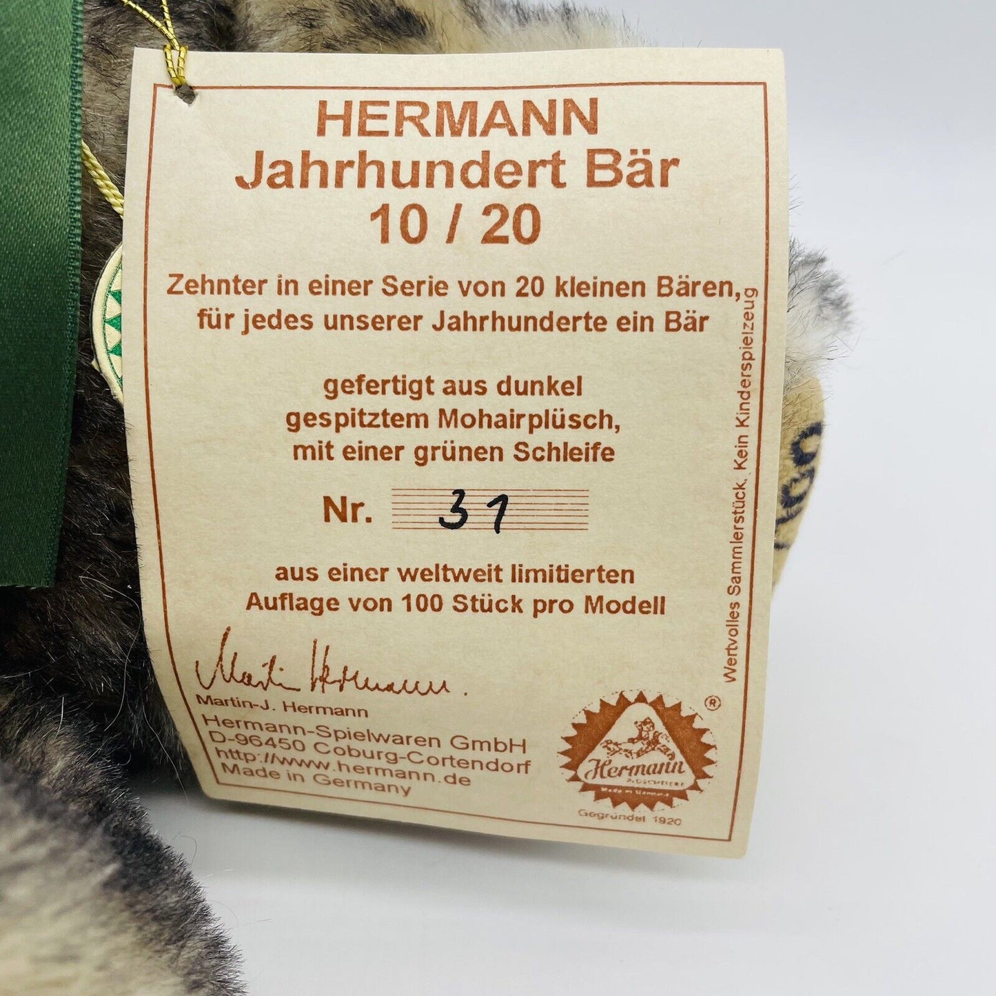 Hermann Coburg Jahrhundertbär 10/20 limitiert auf 100 Mohair