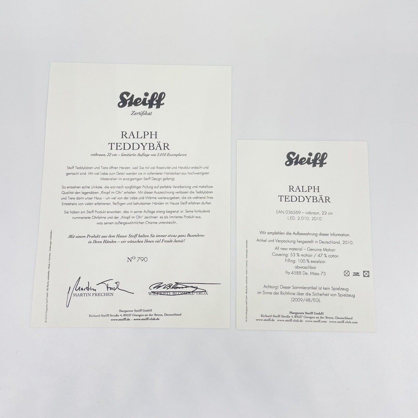 Steiff Teddybär Ralph 036569 limitiert 2010 aus 2010 22cm Mohair
