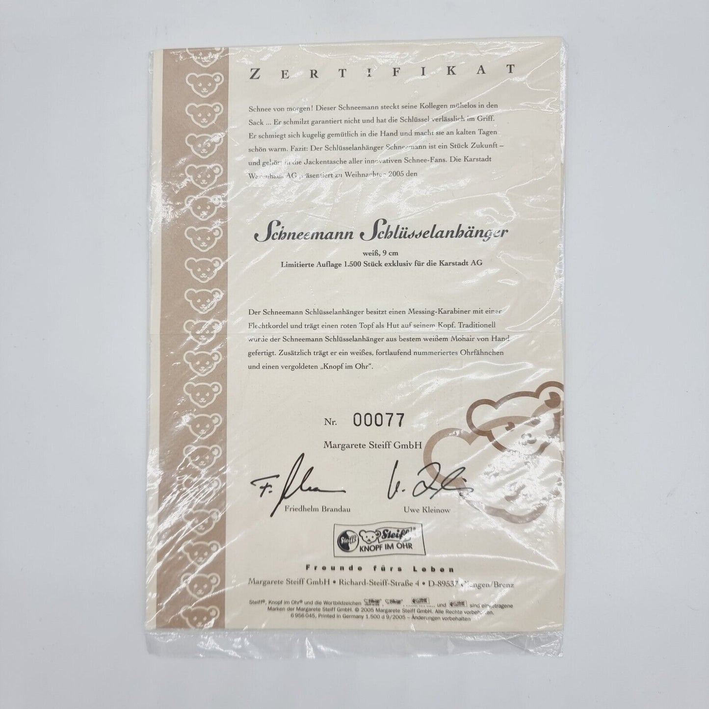 Nr. 77 Steiff 655814 Schneemann 2005 limitiert 1500 weiß 9 cm exklusiv Karstadt