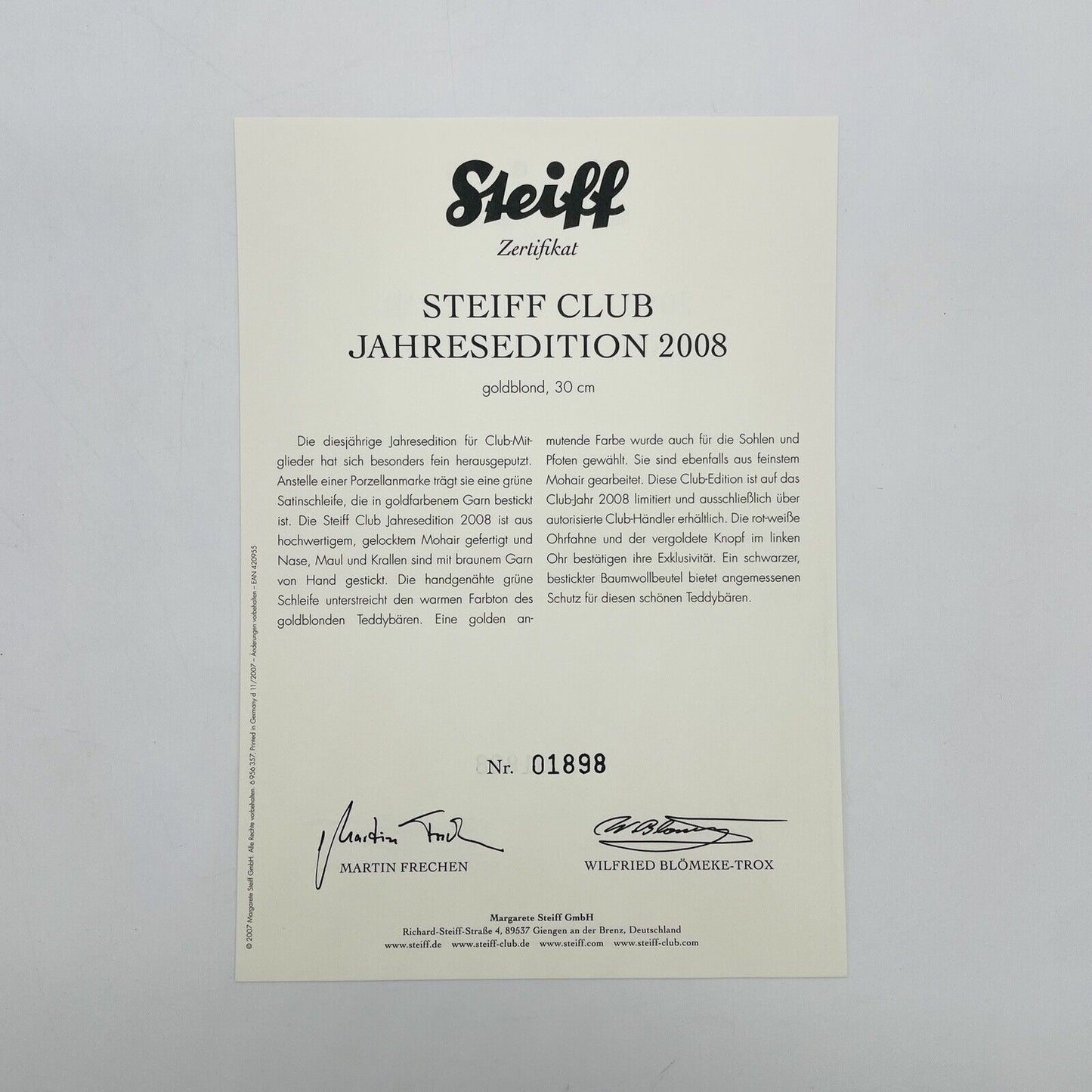 Steiff Club Teddybär Jahresedition 2008 420955 limitiert 2008 30cm Mohair