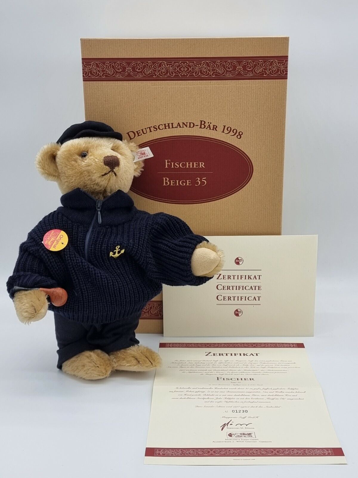 Steiff Teddybär Fischer 35 cm 1998 Zertifikat 670114 limitiert Brummstimme OVP