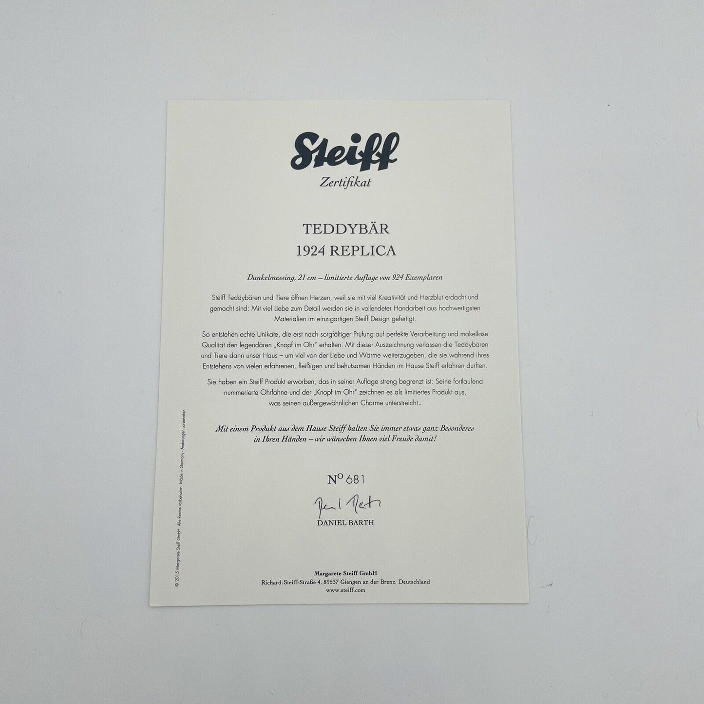 Steiff Teddybär 1924 Replica 403262 limitiert 924 aus 2015 21cm Mohair