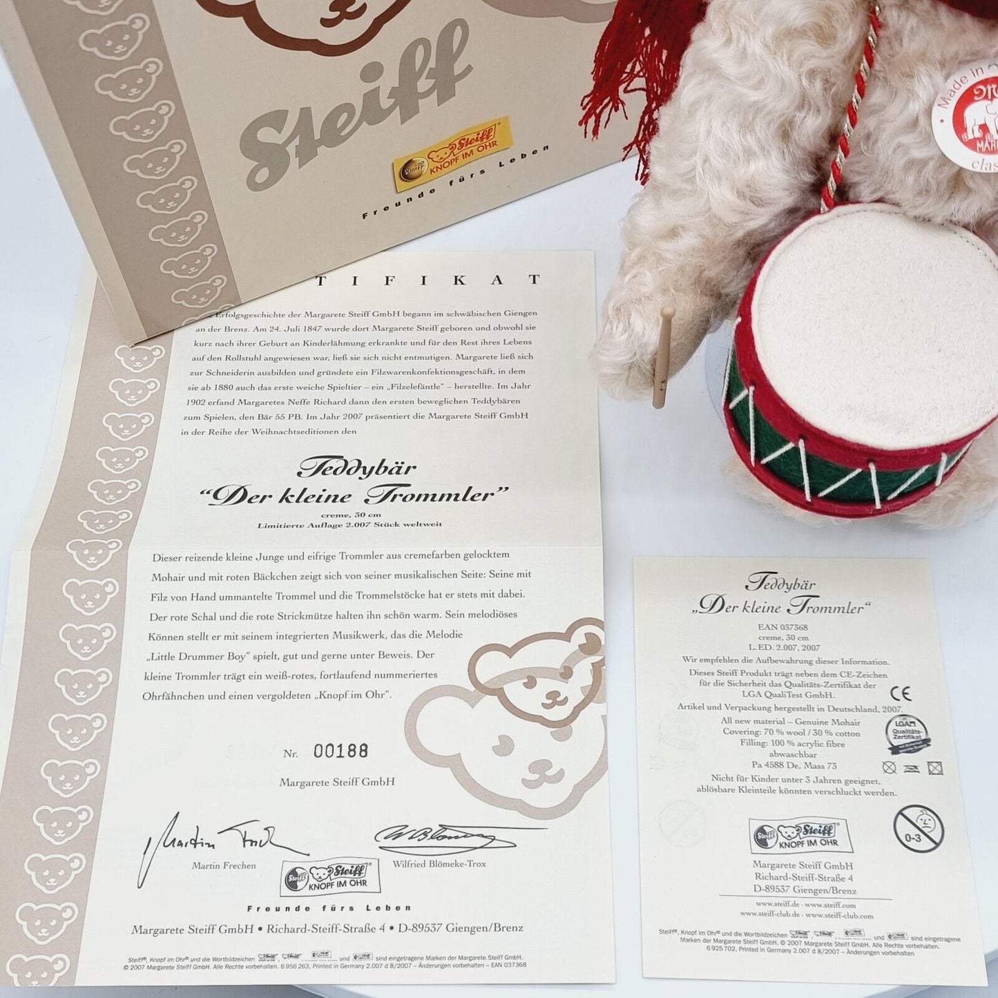 Steiff Teddybär Der kleine Trommler 037368 30 cm limitiert 2007 weiß