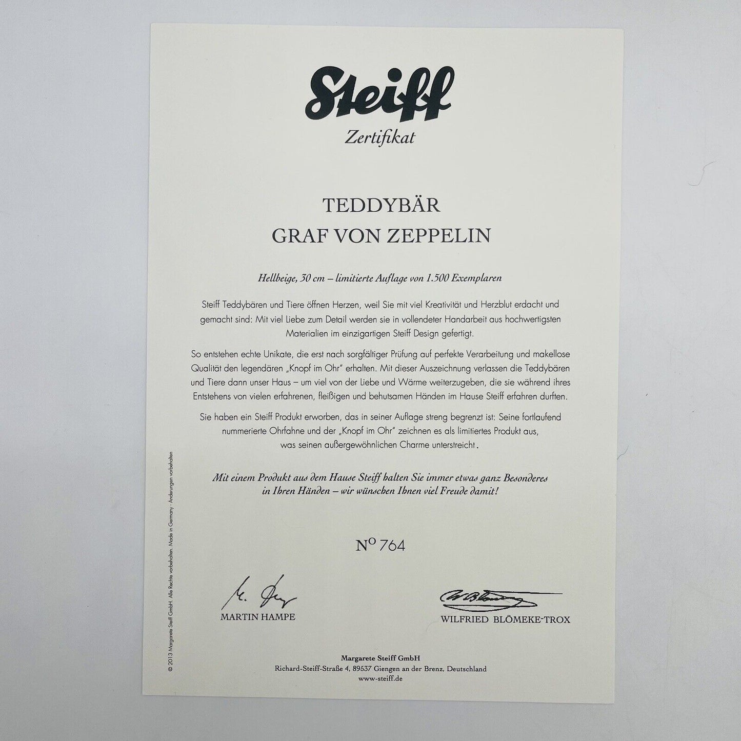 Steiff Graf von Zeppelin 673580 limitiert 1500 Stück 30cm Mohair