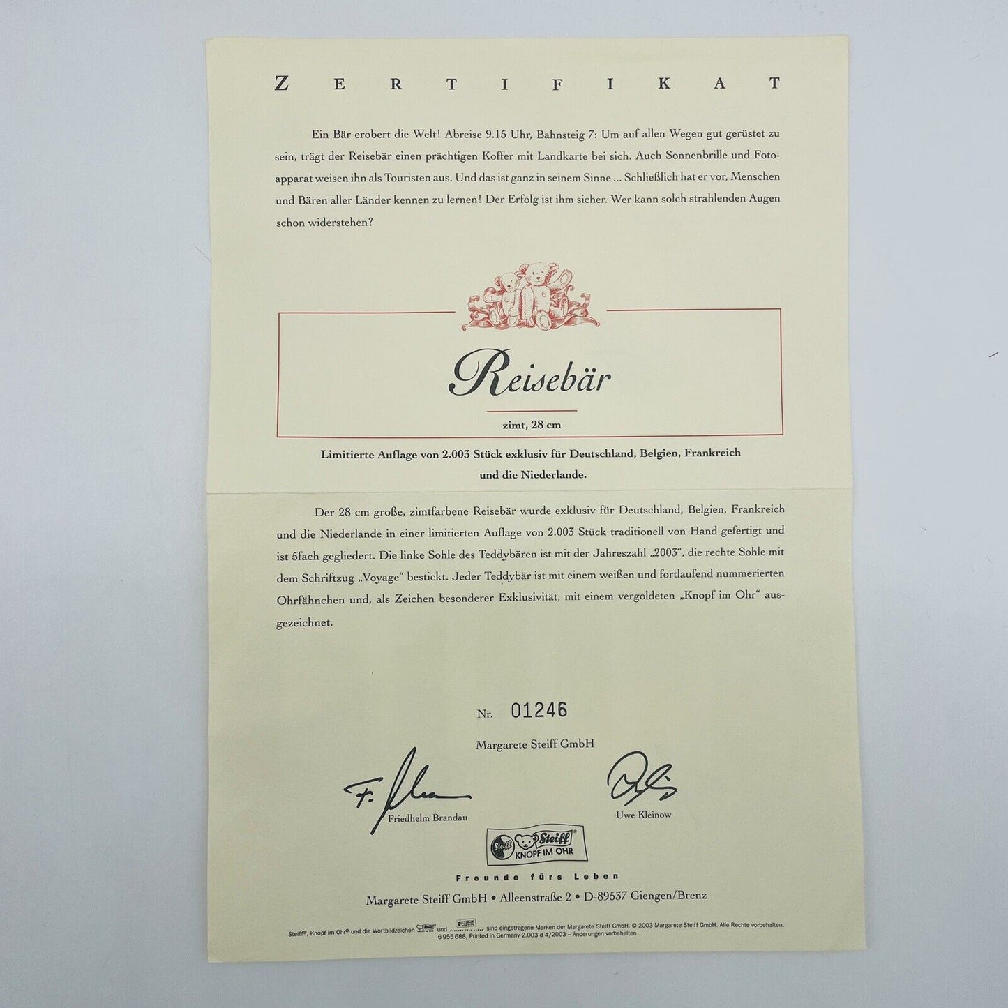 Steiff Reisebär 661075 exklusiv für Deutschland limitiert 28 cm OVP Zertifikat