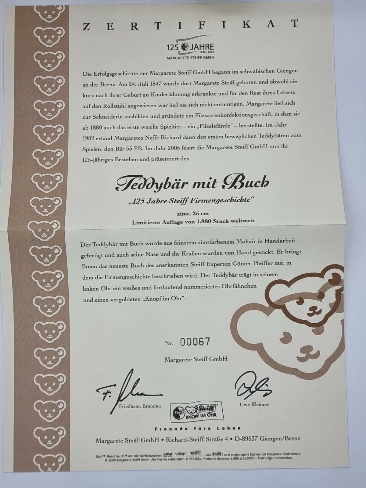 Steiff Teddybär mit Buch 038860 EAN 038853 limitiert Zertifikat OVP Mohair