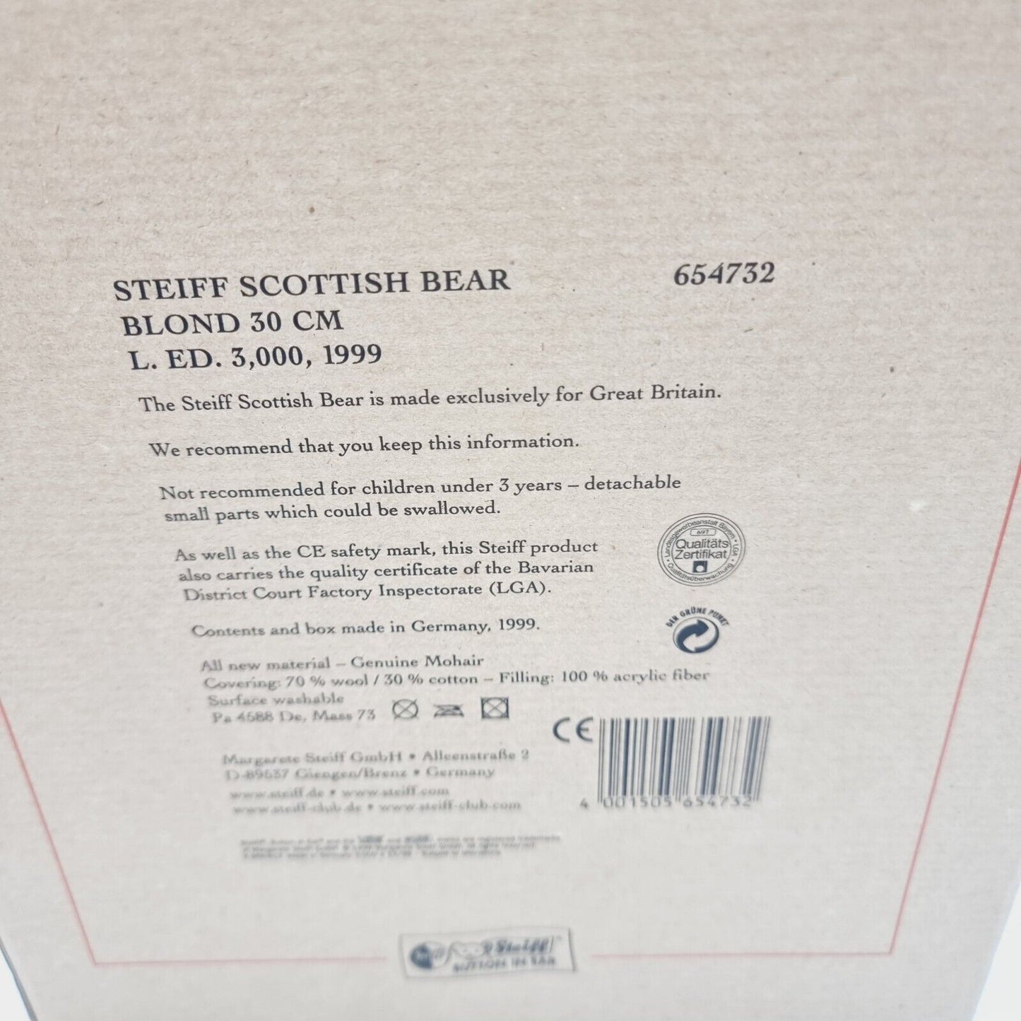 Steiff Teddybär Scottish Bear 654732 limitiert 3000 aus 1999 30cm Mohair