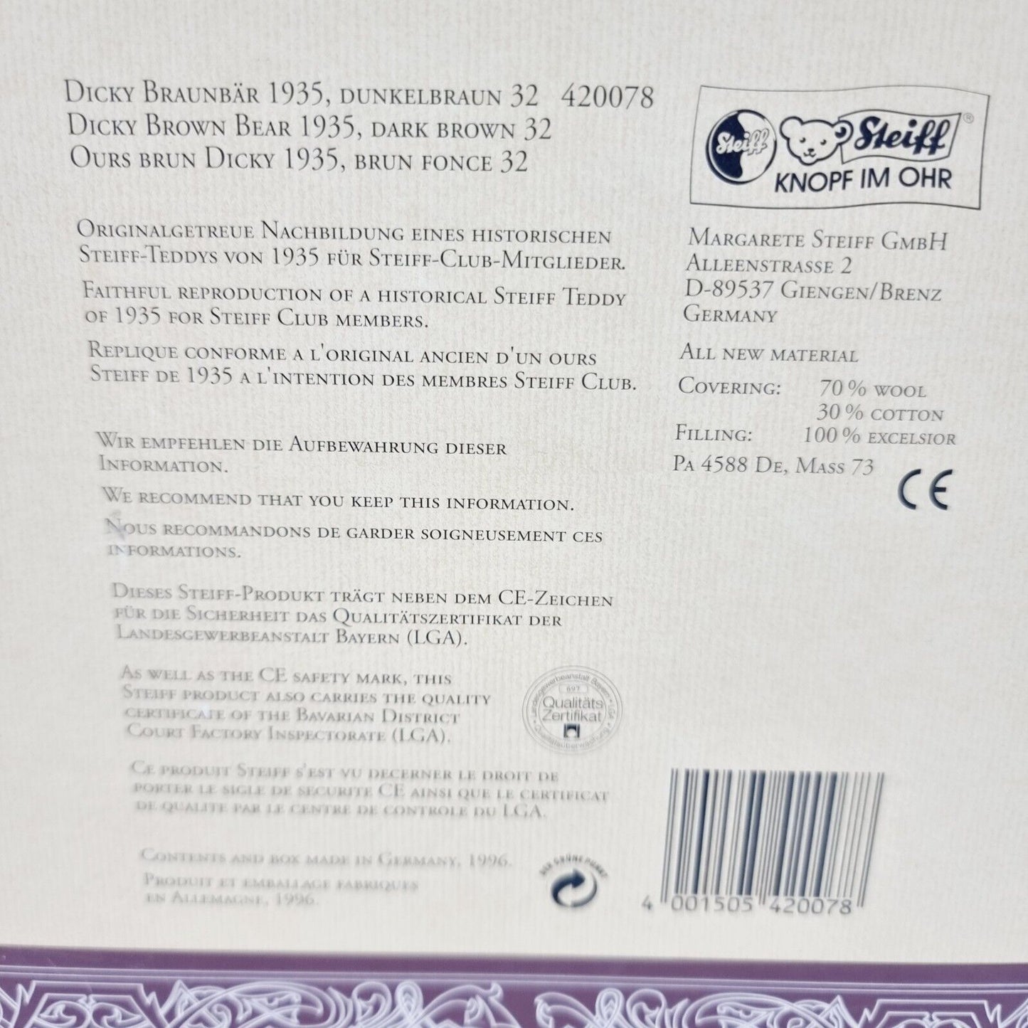 Steiff 420078 Dicky Braunbär 32 cm 1935 Club Edition 1996 / 1997