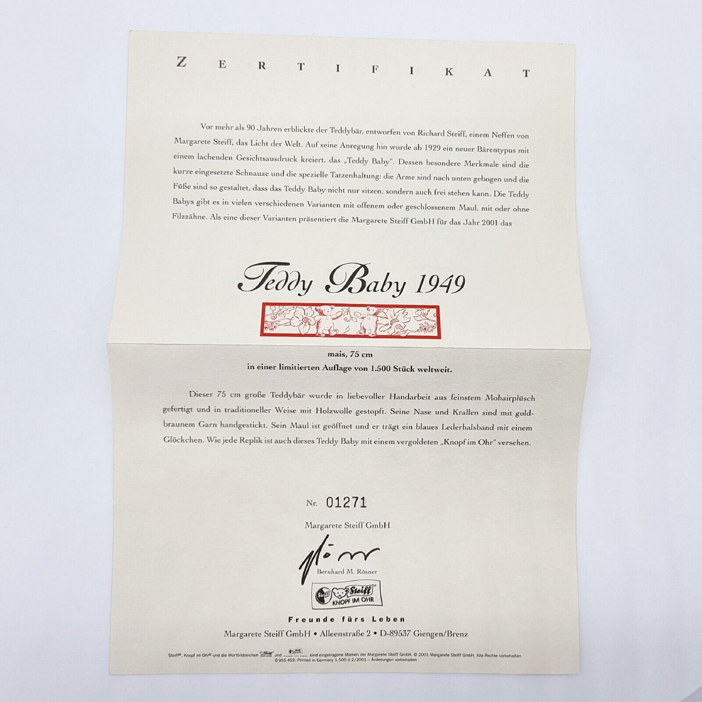Steiff Teddybär Teddy 408472 Baby 1949 75cm limitiert 1500 Zertifikat OVP Mohair