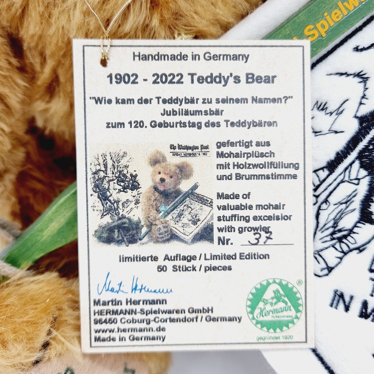 Hermann Teddybär Roosevelt Jubiläumsbär 120 Jahre 34 cm 2022 limitiert 50 Stück