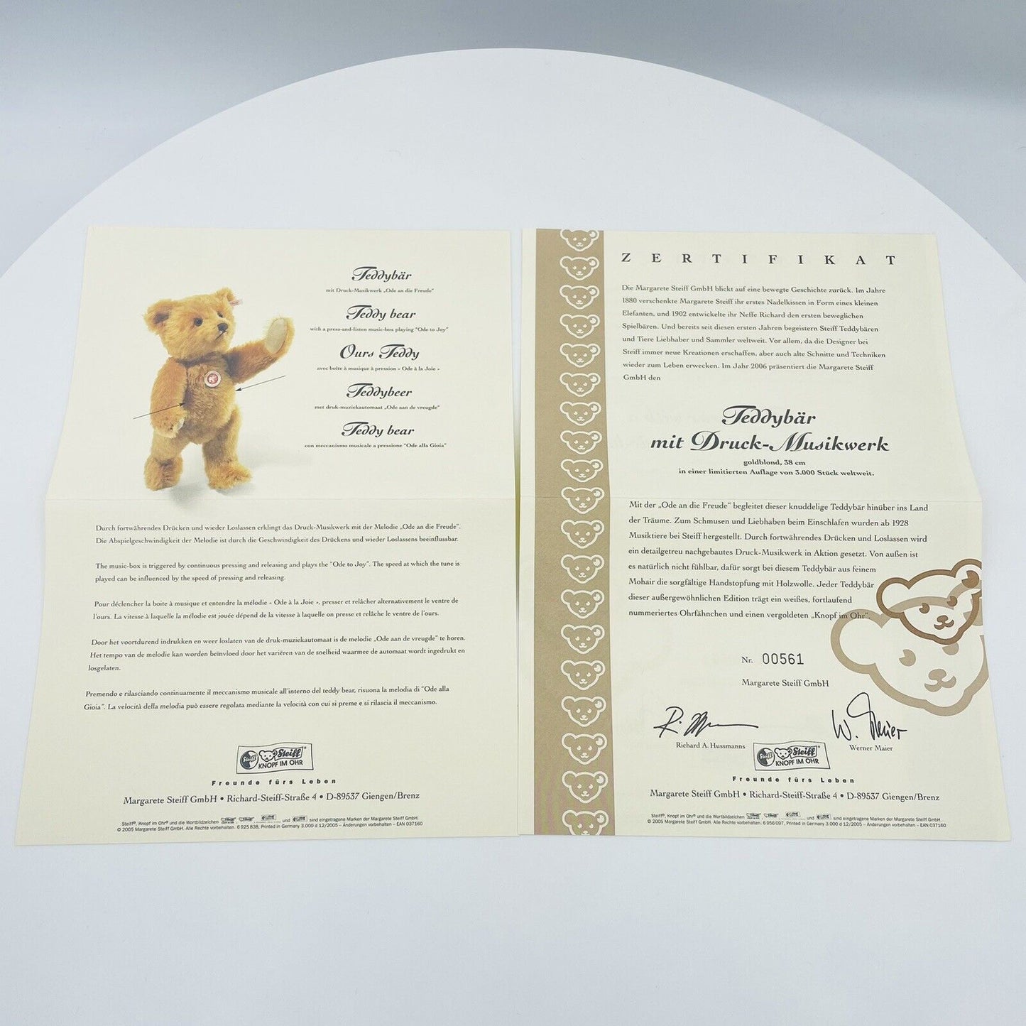 Steiff Teddybär mit Druck-Musikwerk 037160 limitiert 3000 38cm Mohair