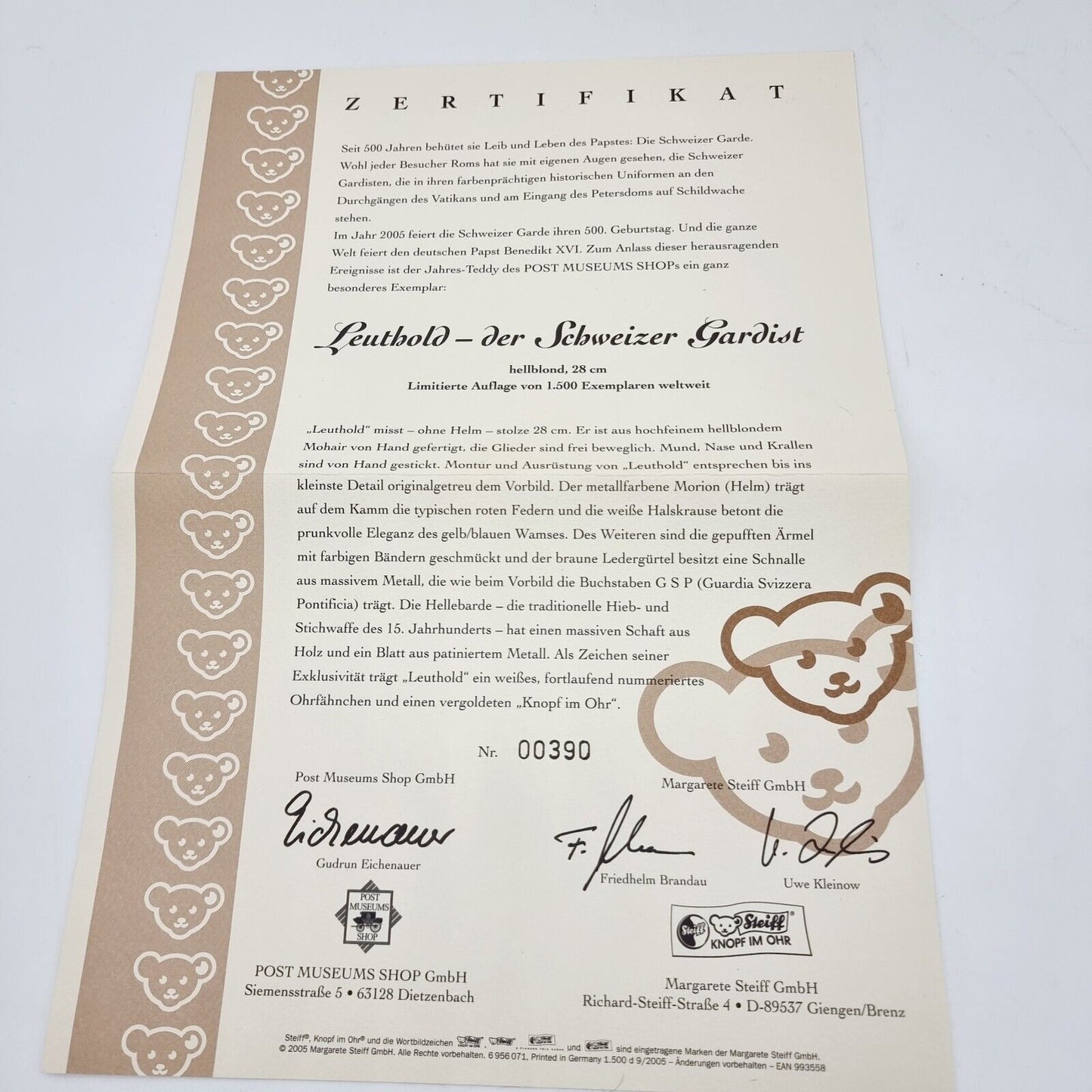 Steiff 993558 Teddybär Leuthold der Schweizer Gardist limitiert 1500 32 cm