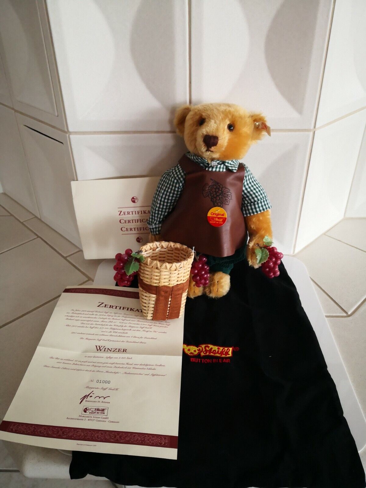 Steiff Teddybär Winzer rotblond, 32 cm, 670091, limitierte Auflage Zertifikat