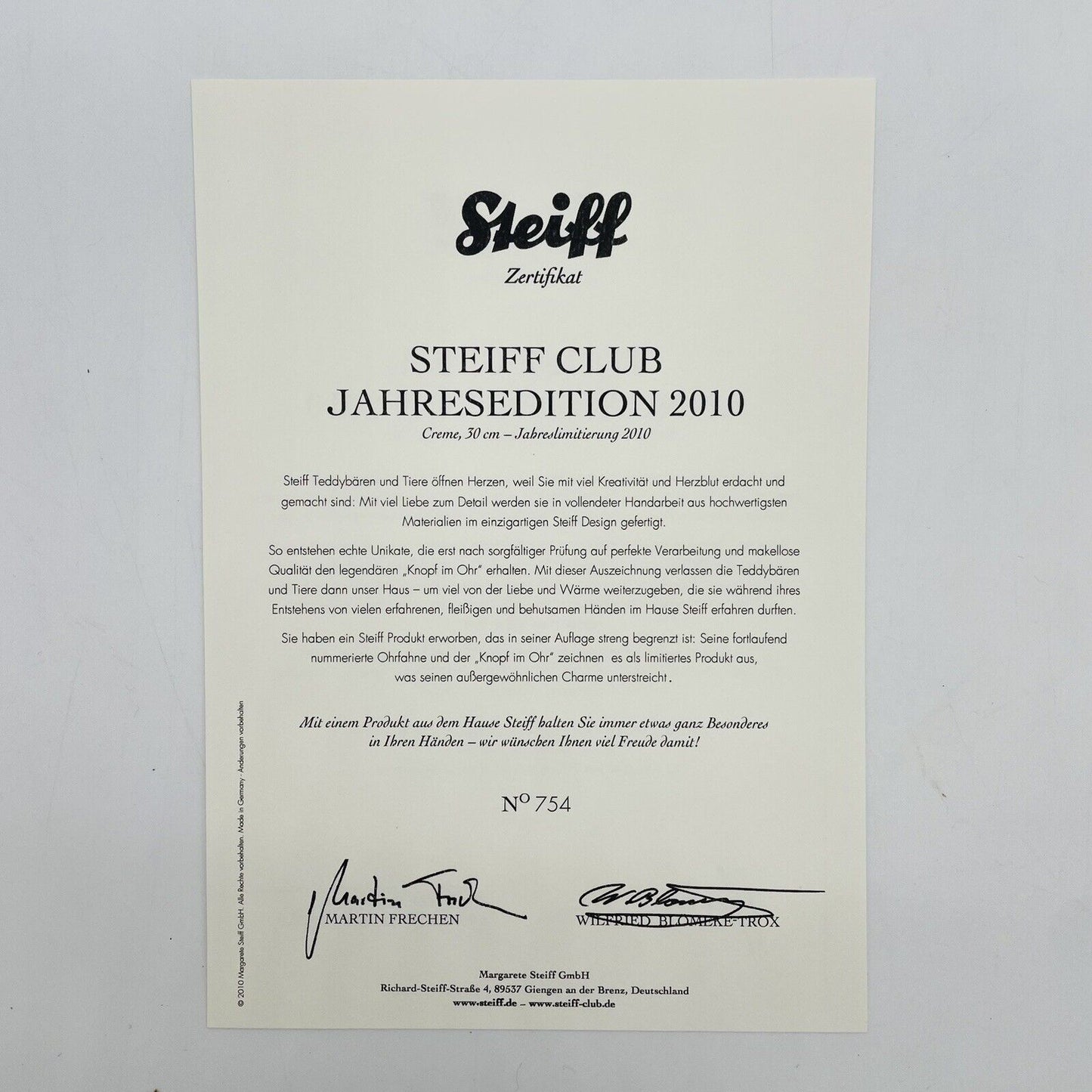 Steiff Club Teddybär Jahresedition 2010 421105 limitiert 2010 30cm Mohair