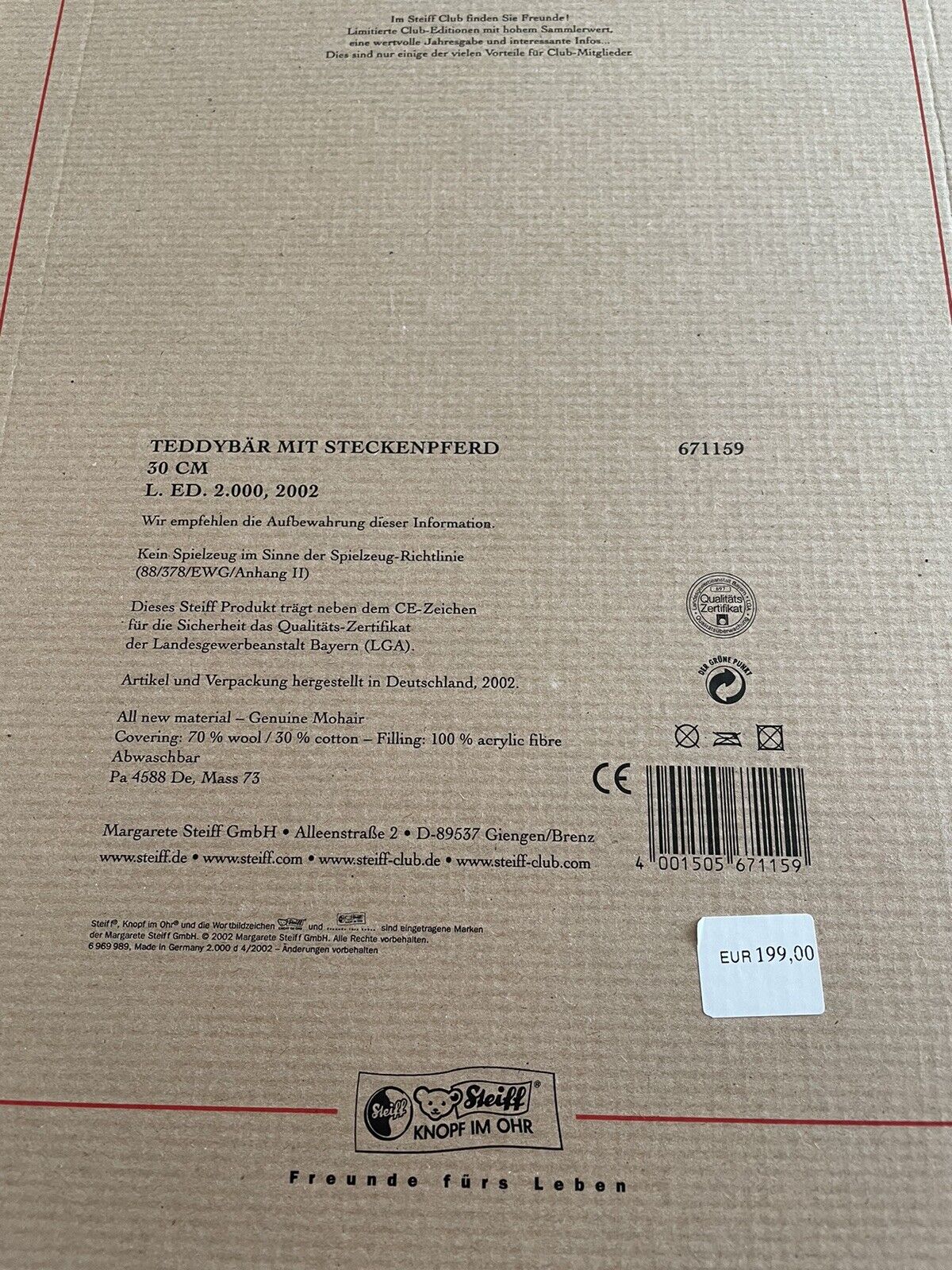 Steiff - Teddybär mit Steckenpferd 30 cm limitiert auf 2000 EAN 671159