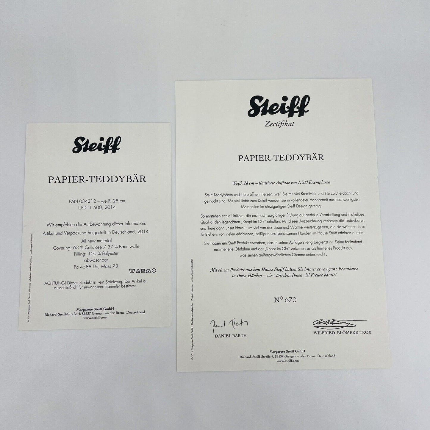 Steiff Papierteddybär 034312 limitiert 1500 aus 2014 28cm Papierplüsch
