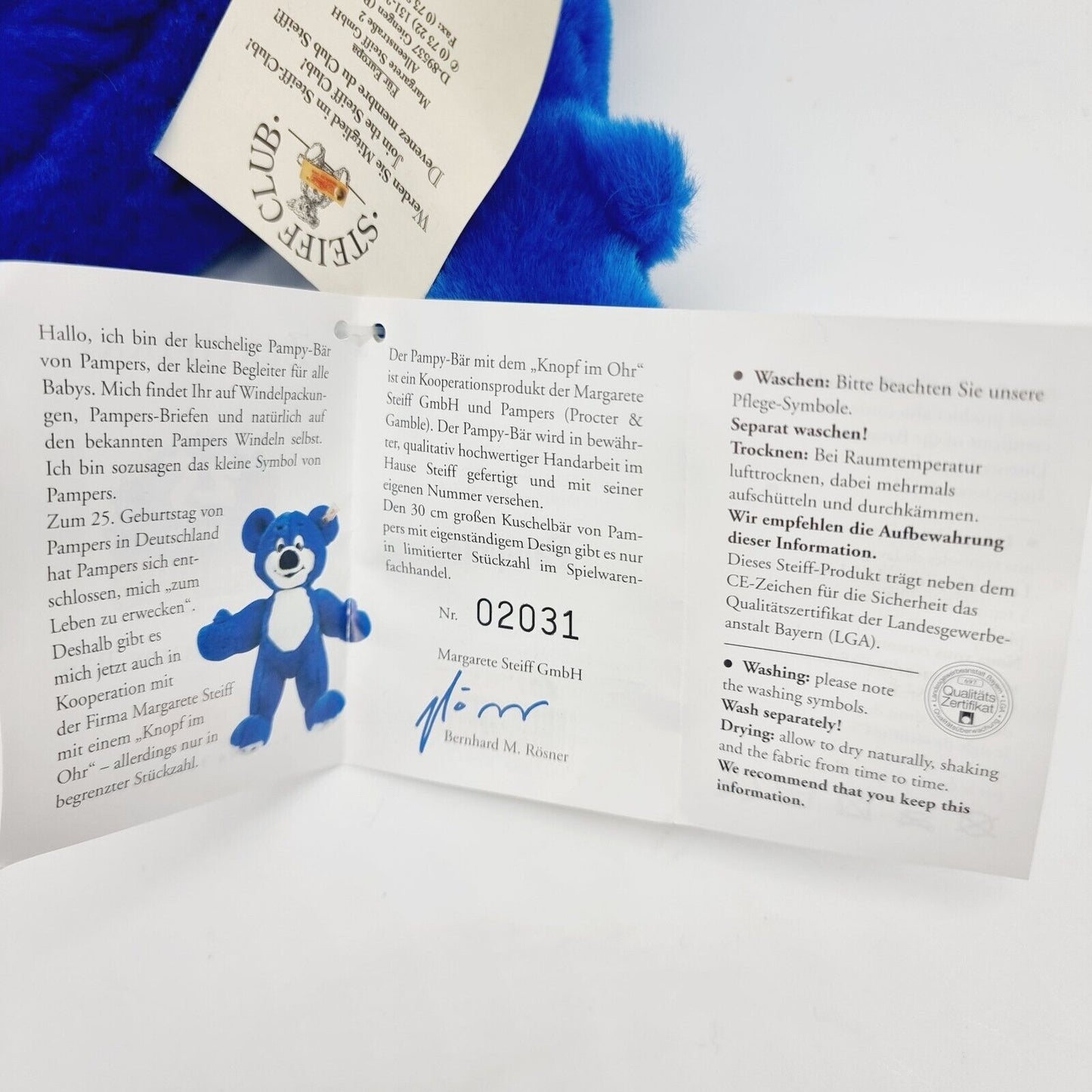 Steiff 996757 Pampers Pampy-Bär Teddybär 30 cm blau limitiert 5000 Jahr 1998