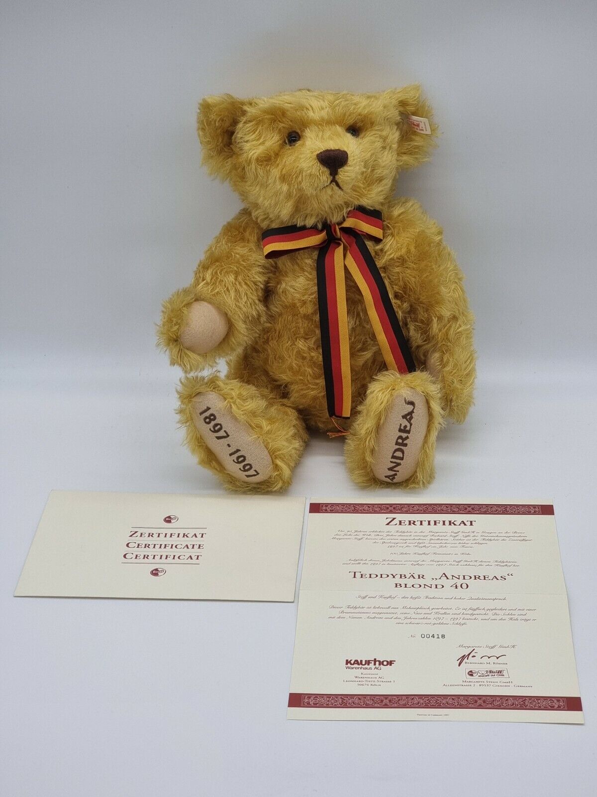 Steiff Teddybär Andreas 40 cm 655302 Zertifikat 1997 OVP Mohair Brummstimme