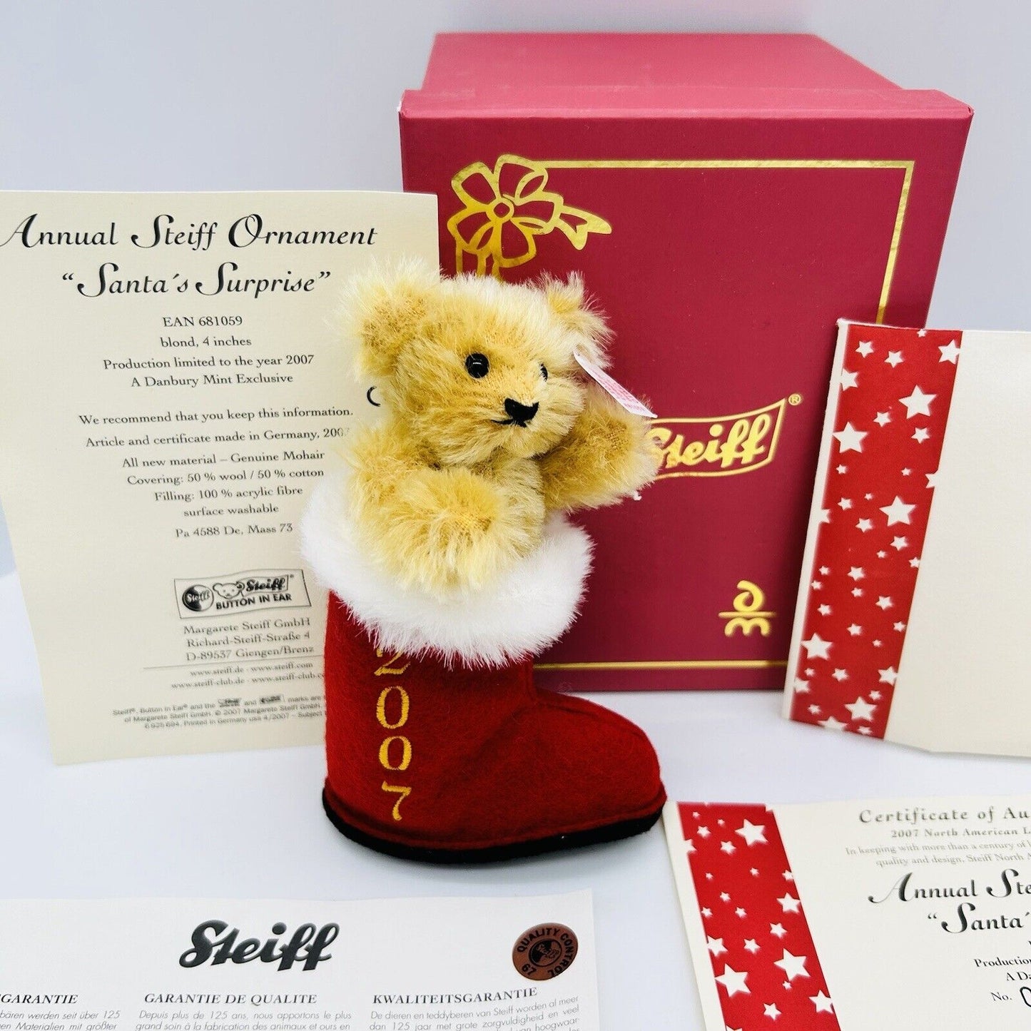 Steiff Danbury Mint 681059 Ornament Teddybär im Strumpf aus 2007 10 cm Mohair