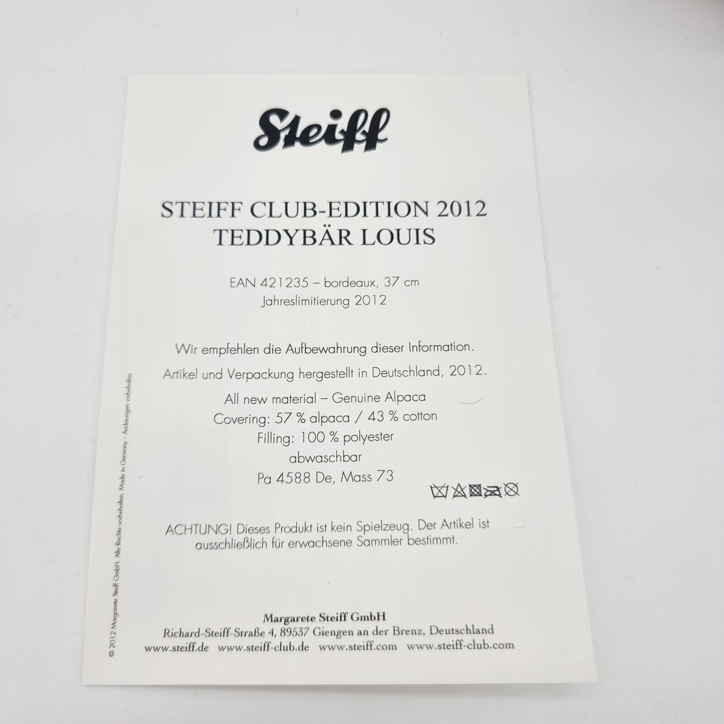 Steiff 421235 Club Teddybär Louise limitiert 2012 aus 2012 37 cm Alpaca