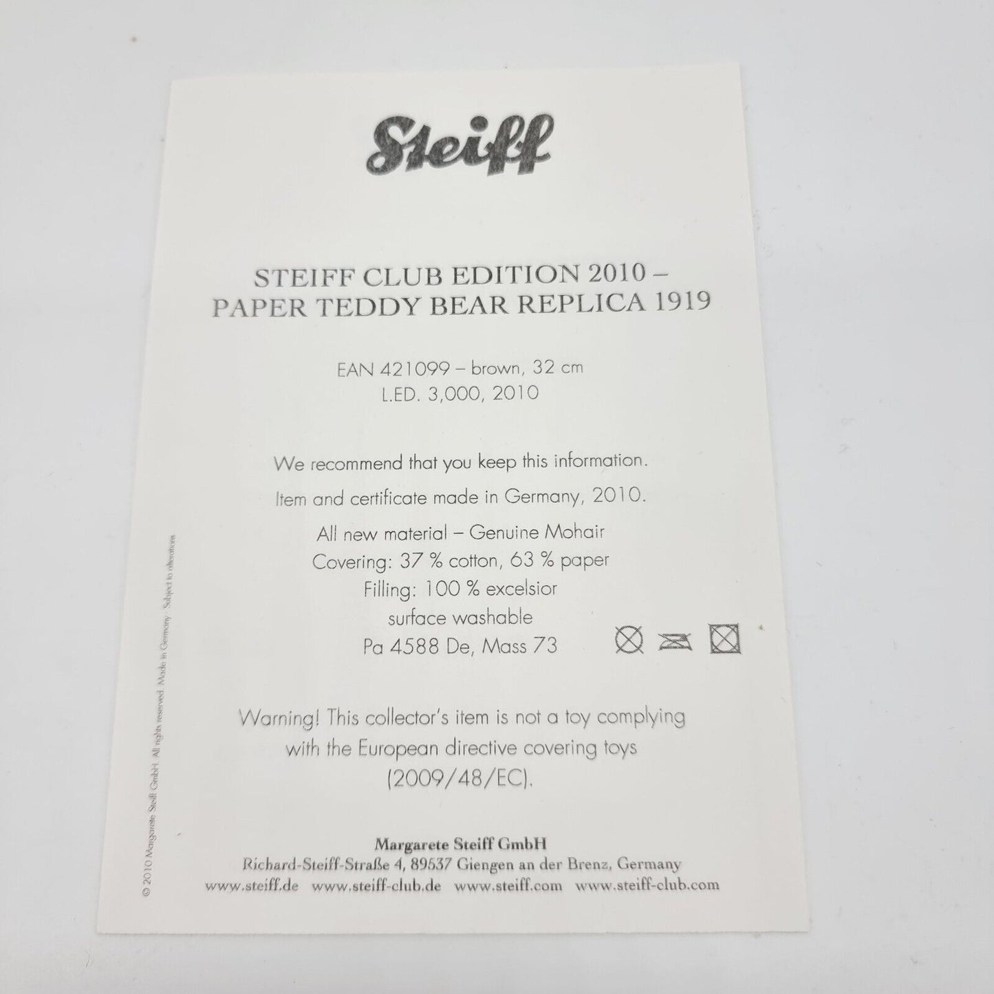Steiff 421099 Papier Teddybär 1919 Replica 32 cm Club-Edition 2010 limitiert