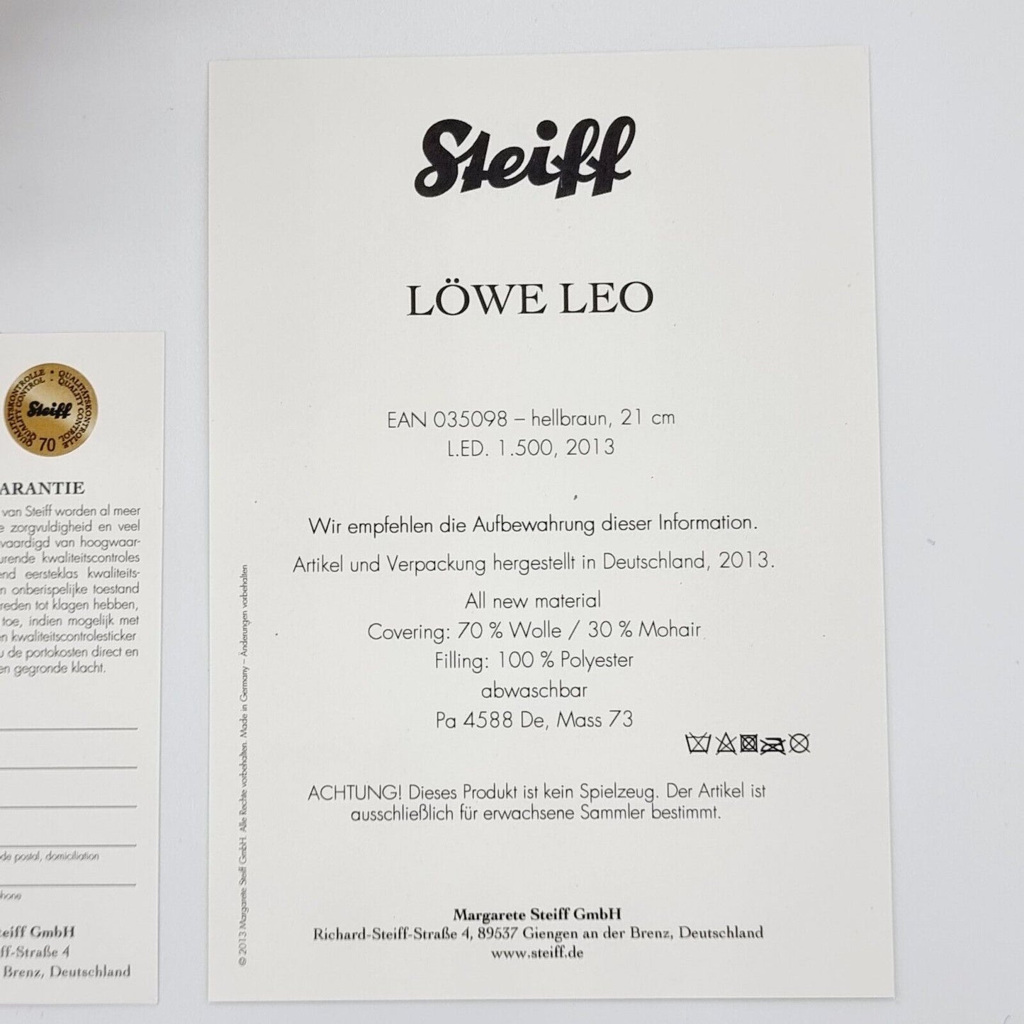 Steiff Löwe LEO Filzlöwe 21 cm groß hellbraun stehend 035098 limitierte Auflage