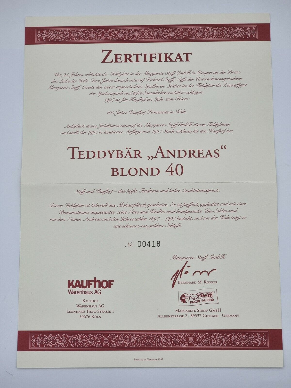Steiff Teddybär Andreas 40 cm 655302 Zertifikat 1997 OVP Mohair Brummstimme