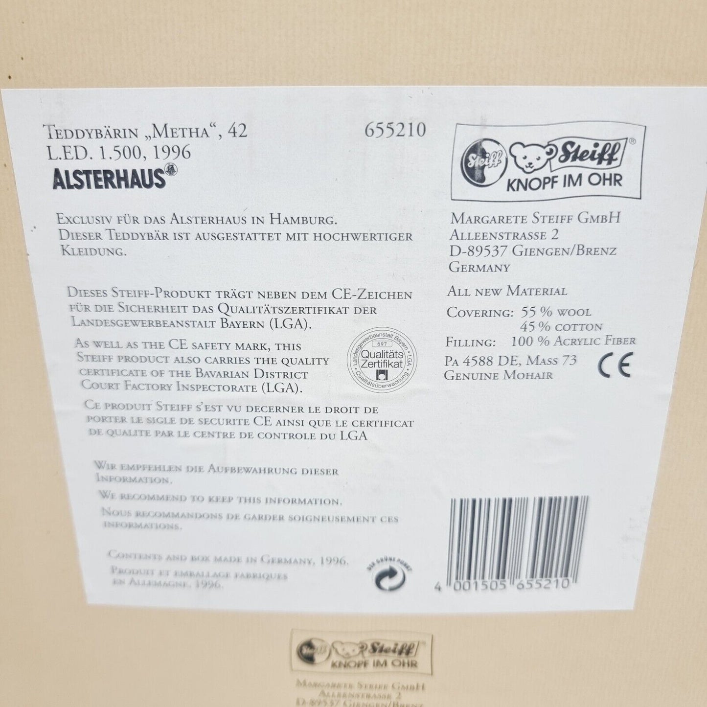 Steiff 655210 Teddybärin Metha 42 cm limitiert 1500 Jahr 1996 für Alsterhaus