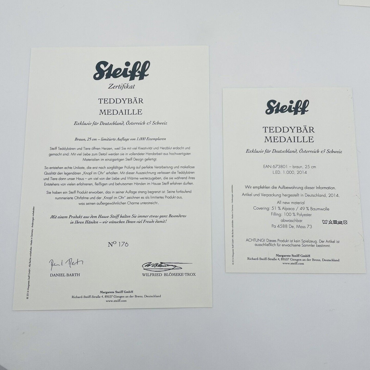 Steiff Teddybär Medaille 673801 limitiert 1000 aus 2014 25cm Alpaca