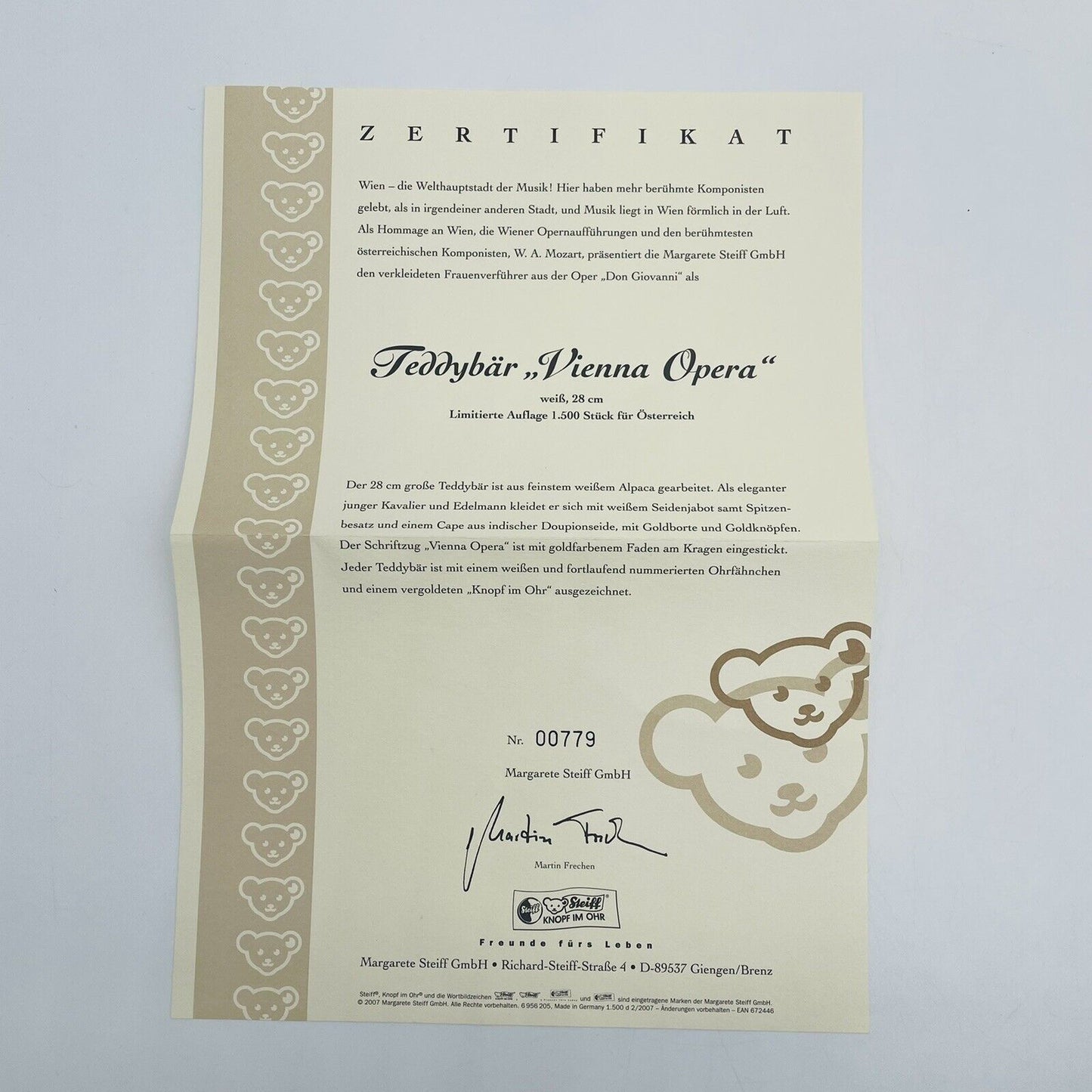 Steiff Vienna Opera Teddybär 672446 limitiert 1500 aus 2007 28cm Alpaca