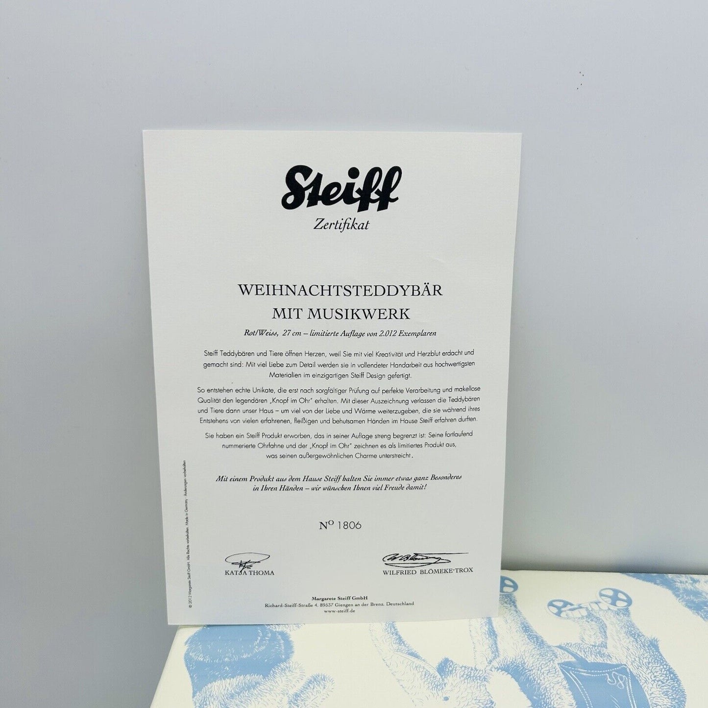 Steiff 035333 Weihnachtsteddybär limitiert 2012 aus 2012 27 cm Mohair