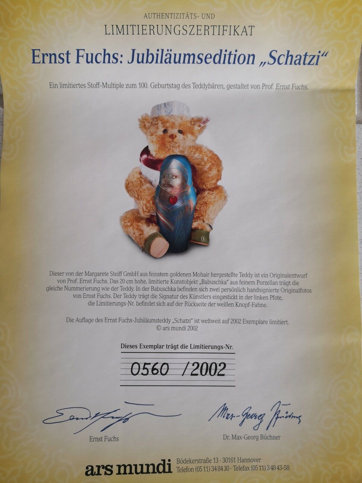 Steiff Tier 994609 Ernst Fuchs Teddy Bär Schatzi 30 cm 2002 limitiert Zertifikat
