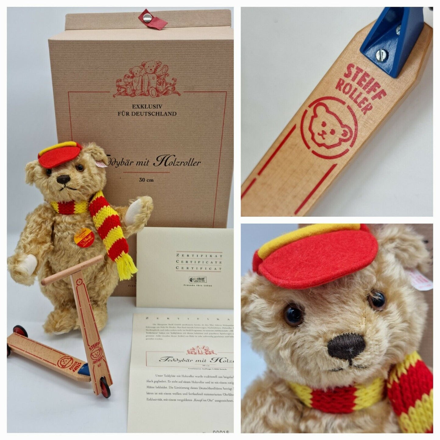 SAMMLER: Steiff 671142 "Teddybär mit Holzroller" neuwertig in OVP