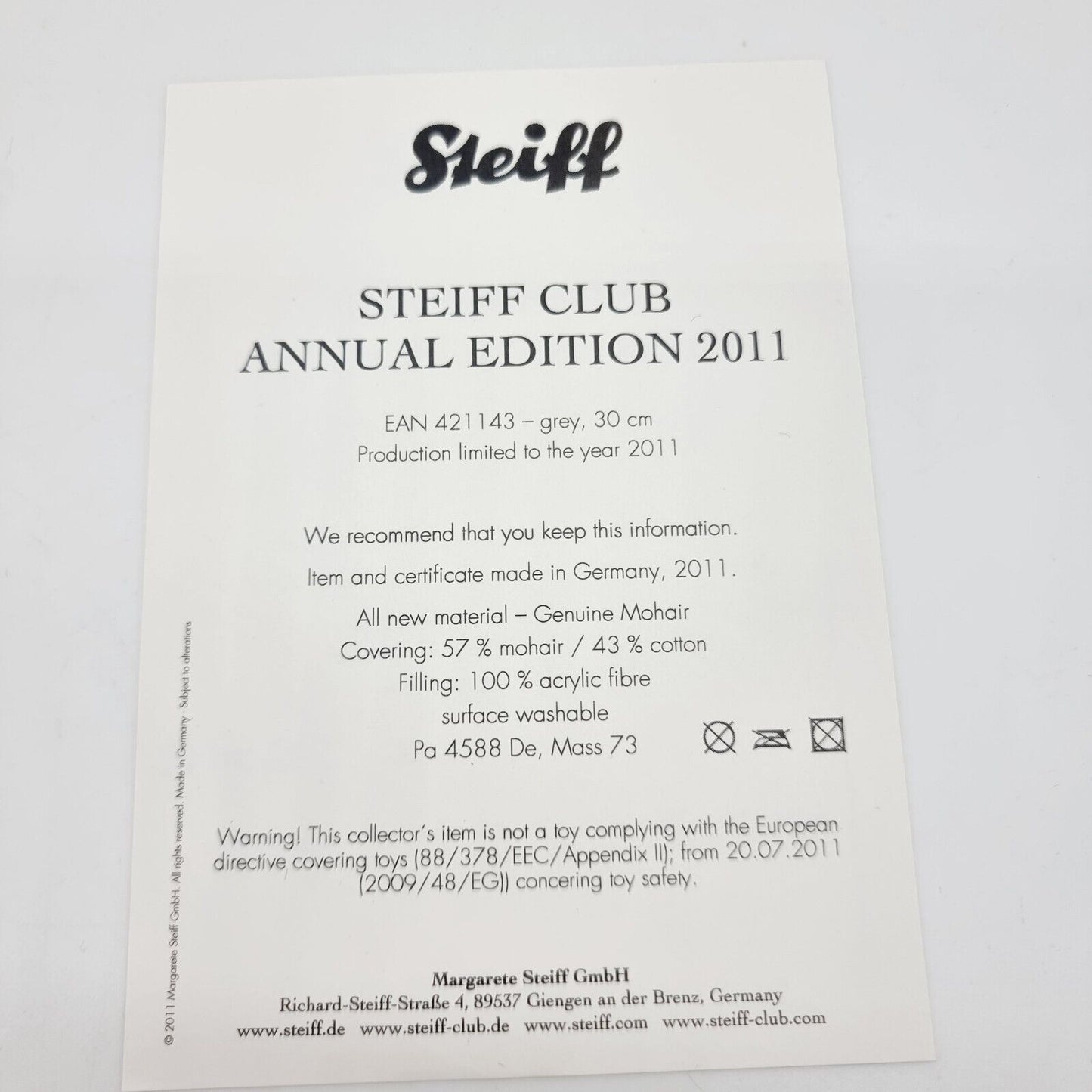 Steiff 421143 Club Teddybär Jahresedition 2011 limitiert 2011 30cm Mohair