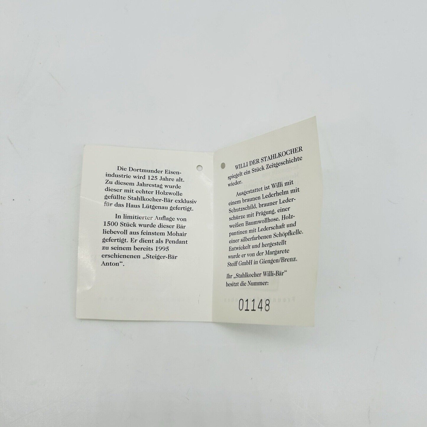 Steiff 655289 Teddybär Willi der Stahlkocher limitiert 1500 aus 1996 35 cm