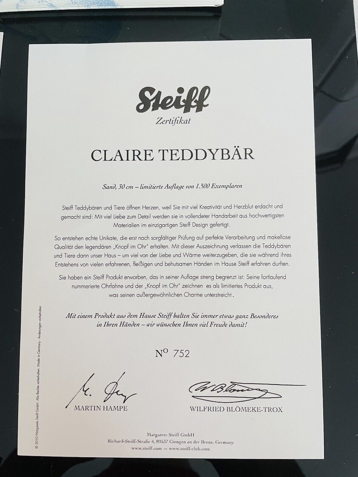 Rarität - Steiff Claire Teddybär EAN 036712 limitiert 1500 30 cm Zertifikat OVP