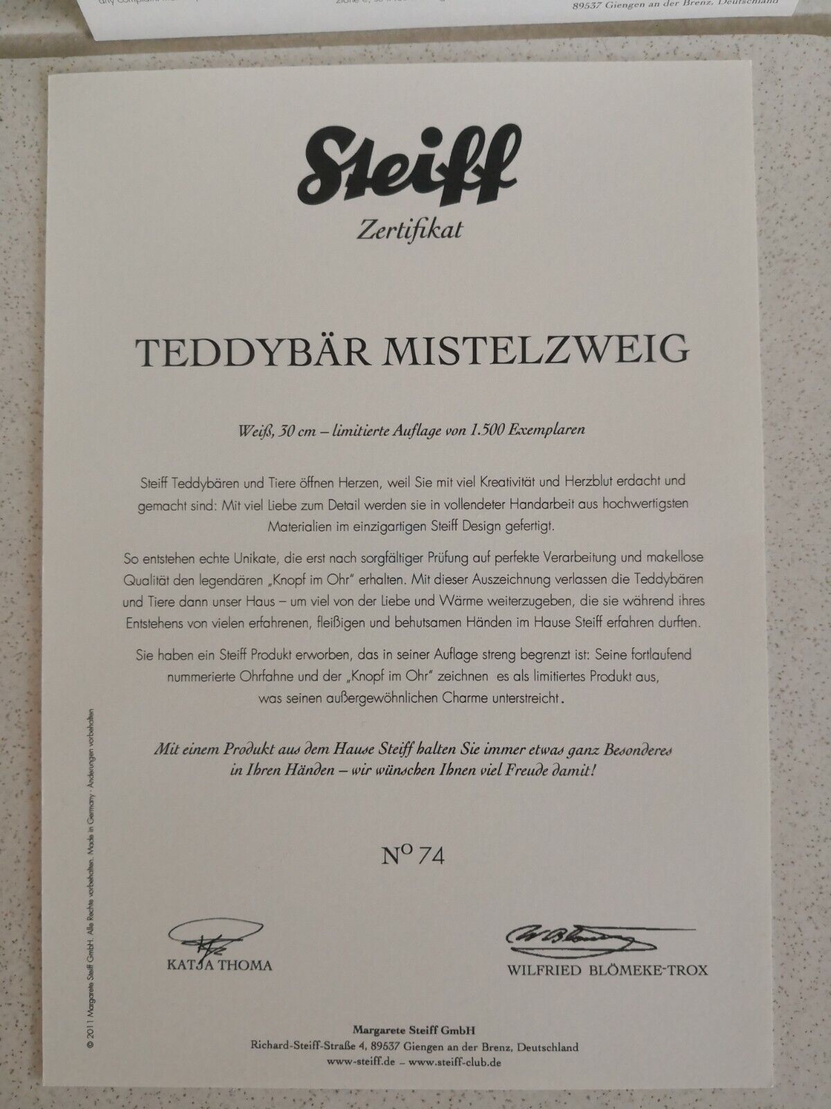 Steiff Teddybär Mistelzweig Bär Alpaca 036859 Teddy Mistelstrauß aus Filz Mistel