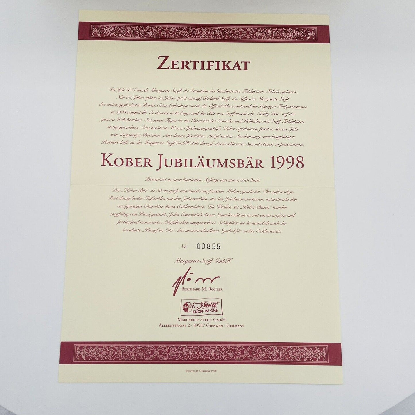 Steiff Teddybär Kober Jubiläumsbär 658013 limitiert 1500 aus 1998 30cm