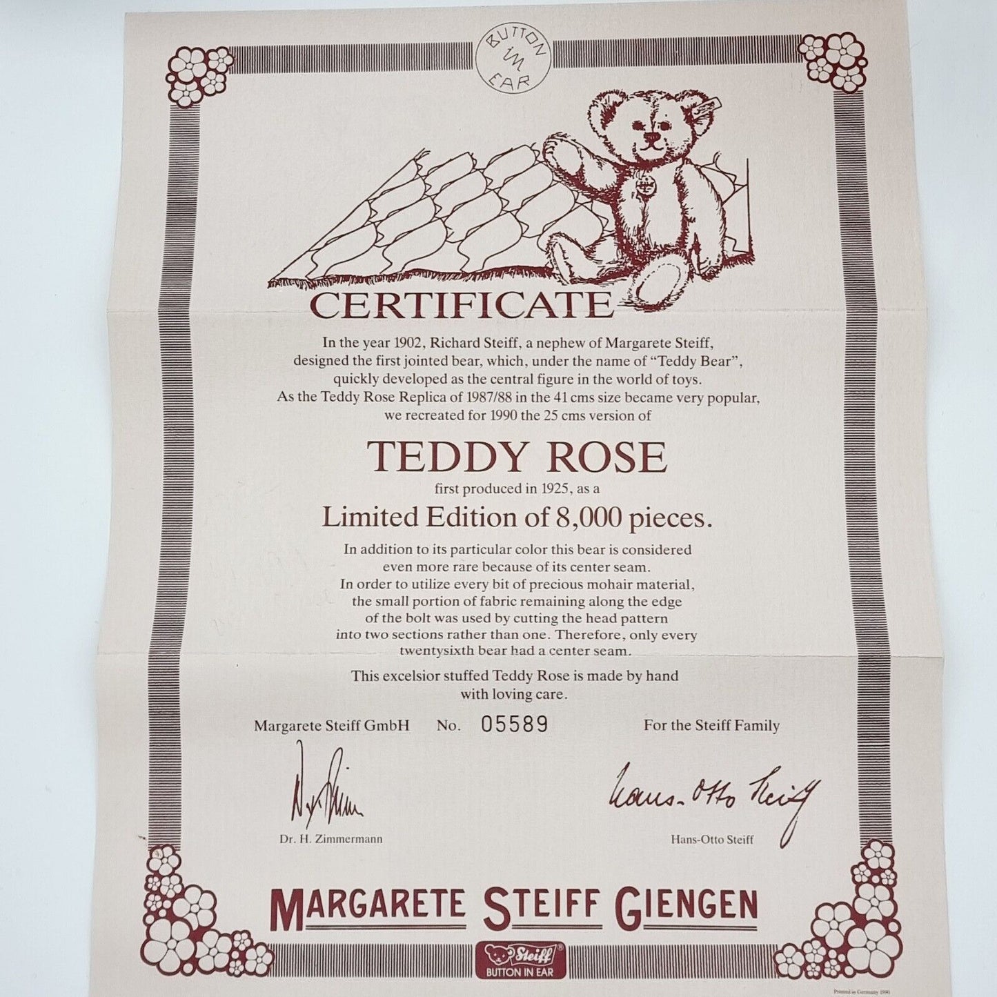 Steiff TeddyBär 407154 Rose 25 cm. Mit Ovp & Zertifikat. Top Zustand