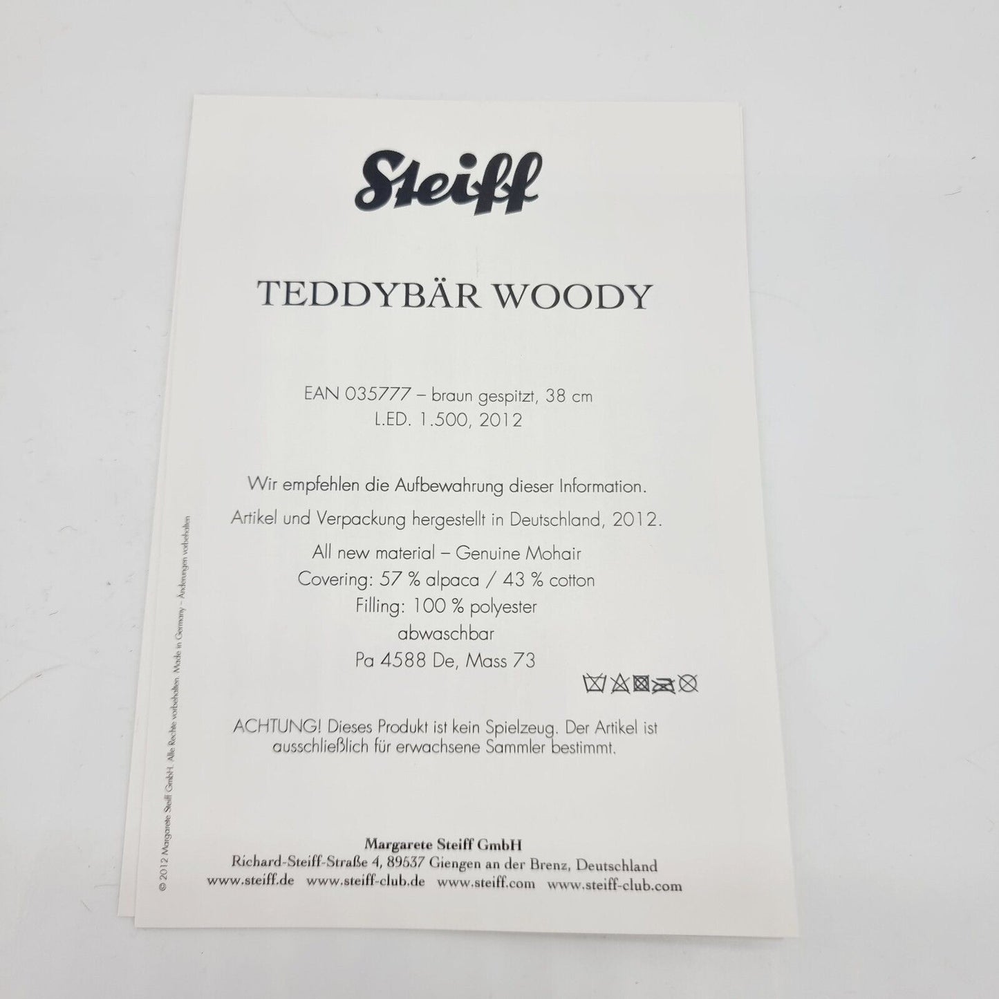 Steiff 035777 Teddybär Woody limitiert 1500 aus 2012 38cm Mohair