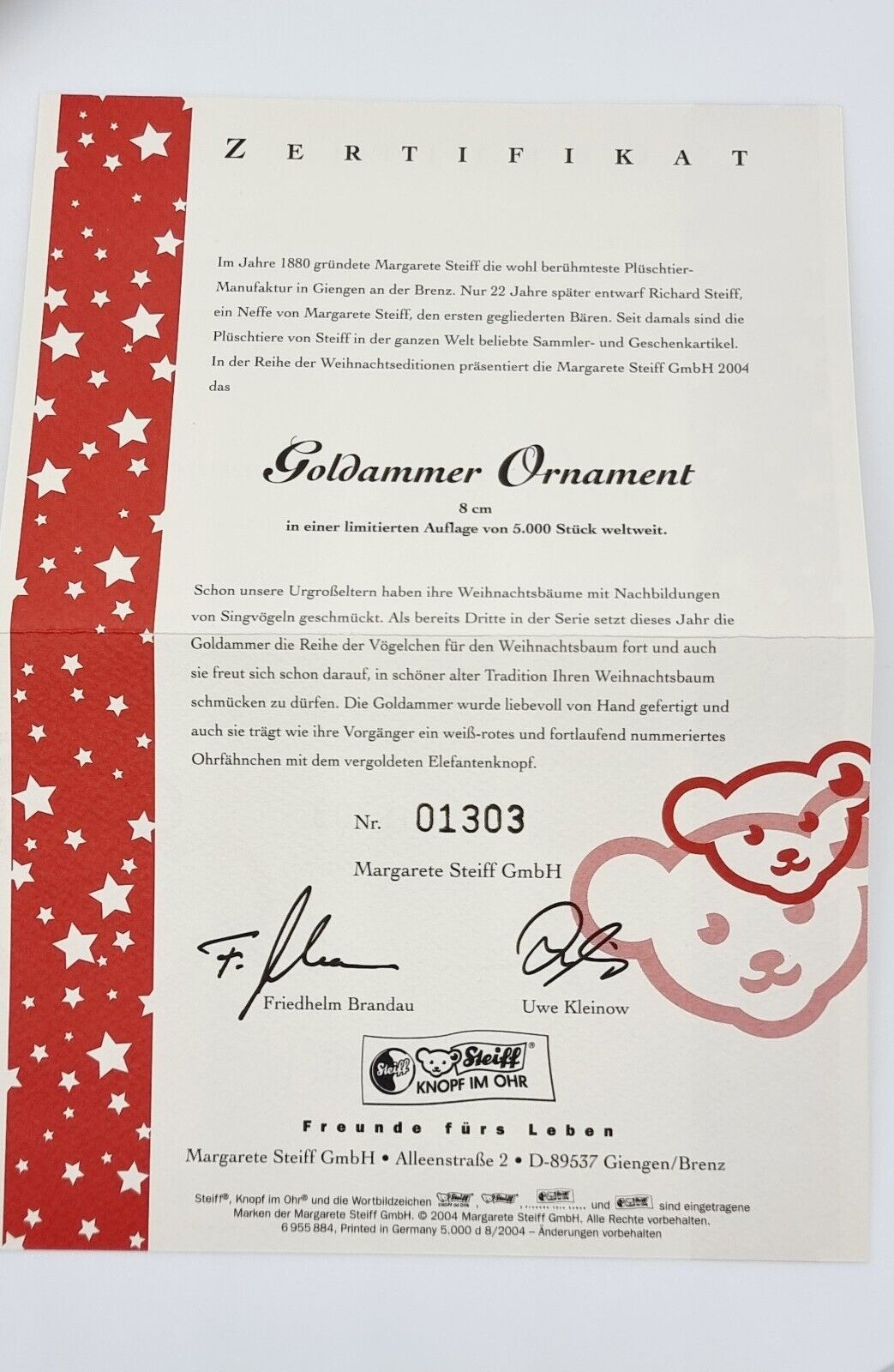 Steiff Goldammer Ornament Vogel 8 cm 037689 limitiert 5000 Jahr 2004 OVP