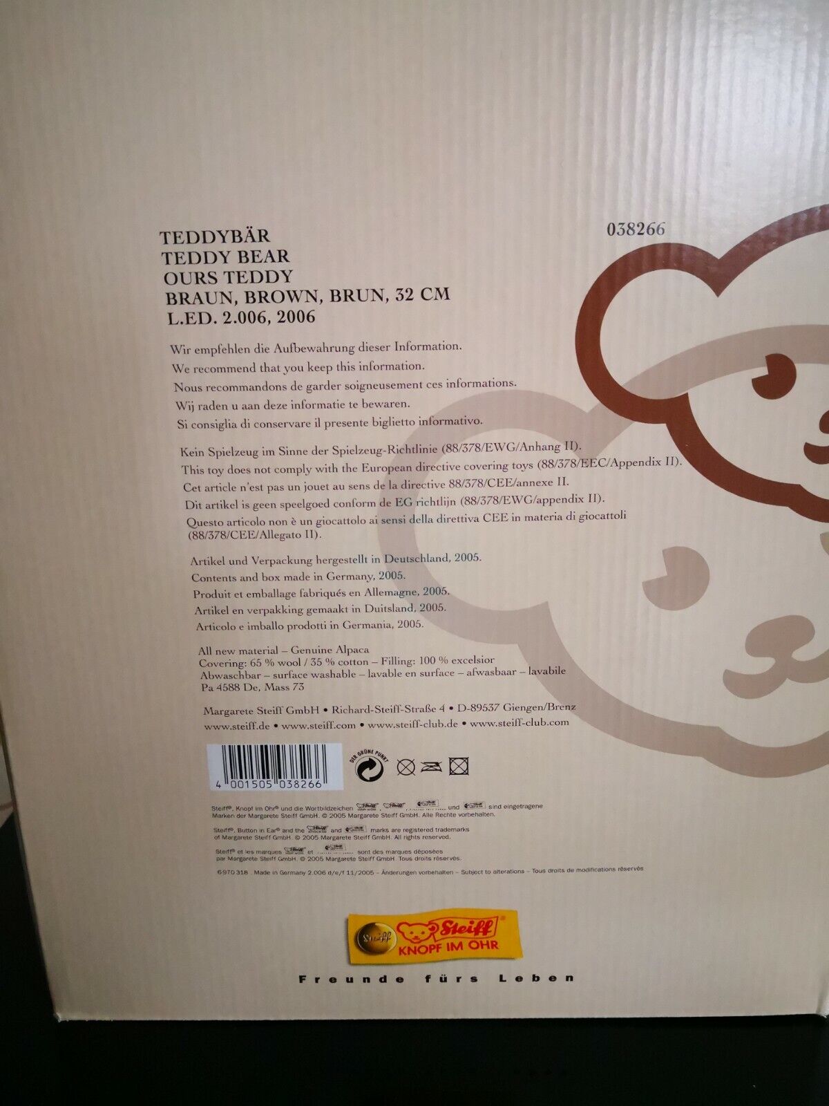 Steiff Teddybär braun, 32 cm, 038266, limitierte Auflage OVP + Zertifikat