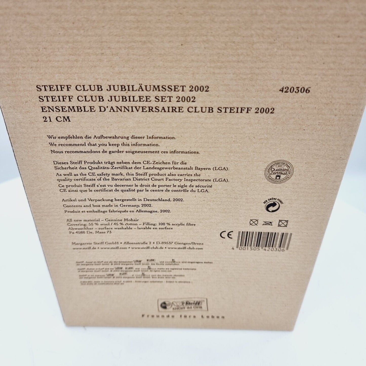 Steiff 420306 Club Jubiläumsset 2002 blau beige 21 cm