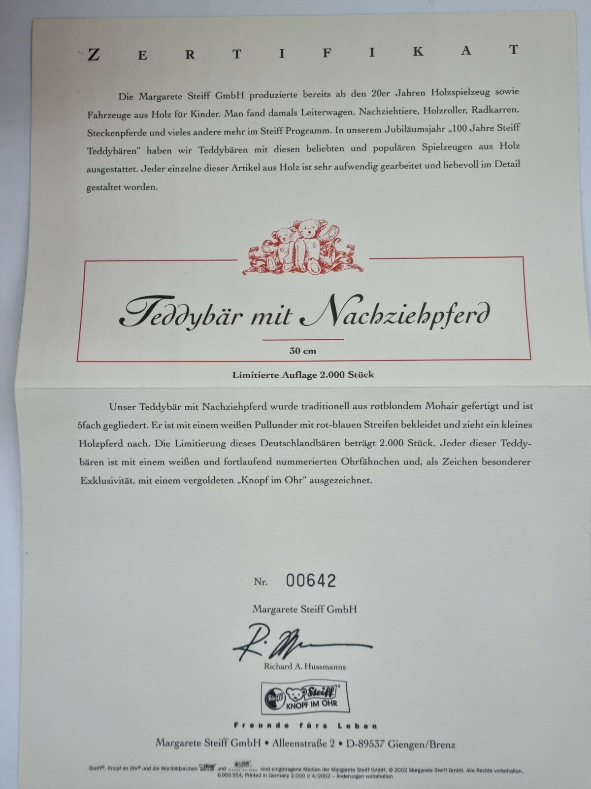 Steiff Teddybär mit Nachziehpferd, 30 cm, limitiert auf 2000; 671173