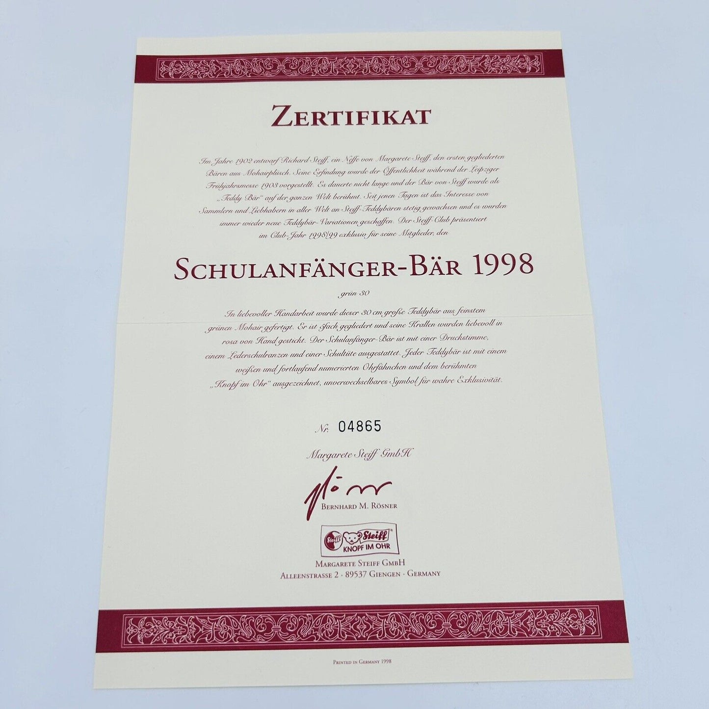 Steiff 420139 Teddybär Schulanfänger limitiert aus 1998 30 cm Mohair