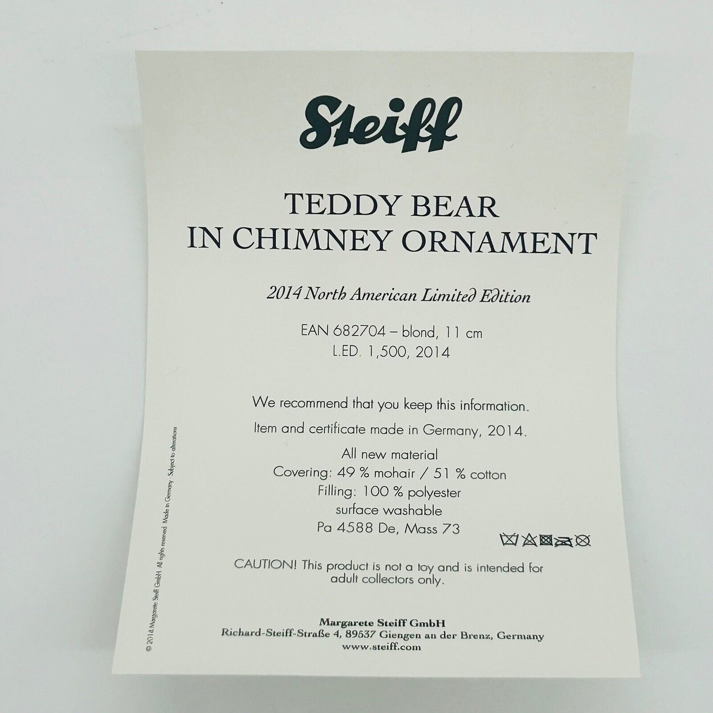 Nr. 555! Steiff 682704 Ornament Teddybär im Kamin America limitiert 1500 11 cm