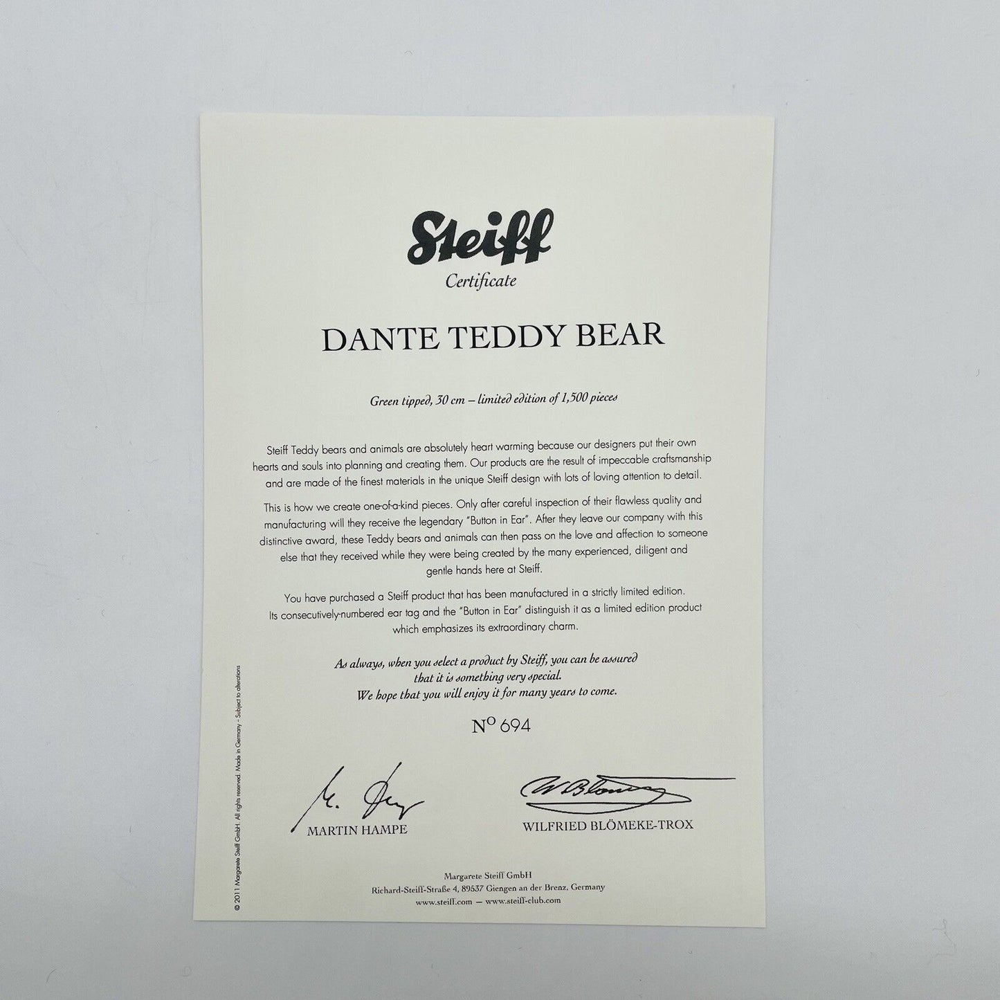 Steiff Teddybär Dante 036965 limitiert 1500 30cm aus 2011 Mohair