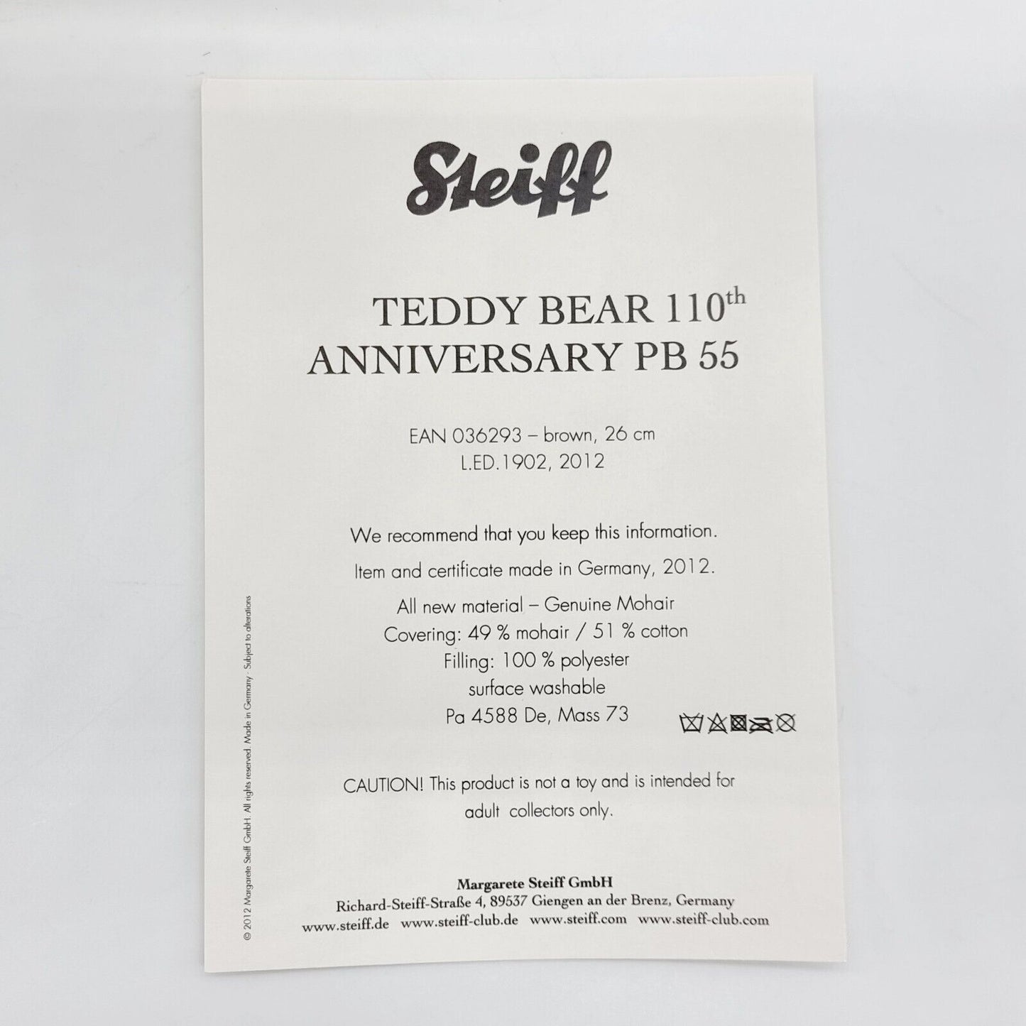 Steiff 036293 Teddybär 110th Anniversary PB 55 limitiert 1902 aus 2012 26 cm