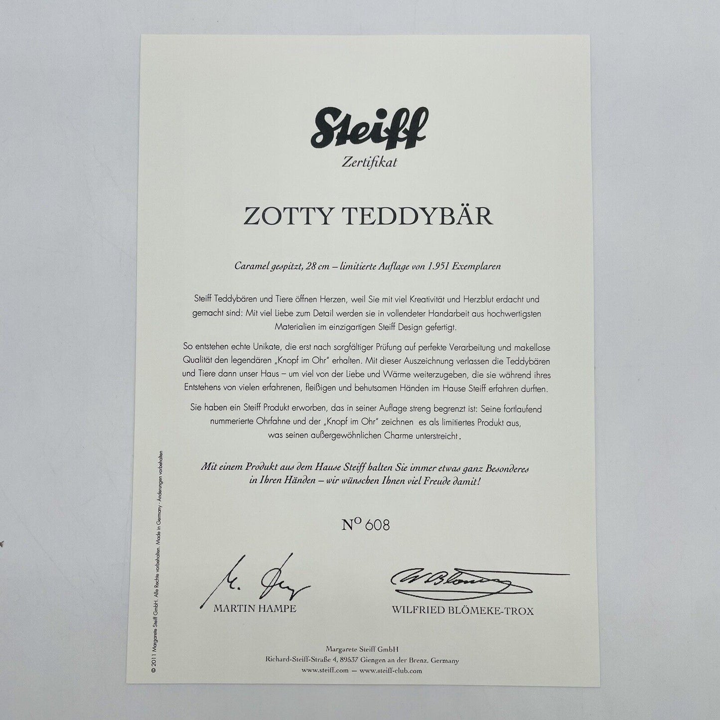 Steiff Zotty Teddybär 036903 limitiert 1951 aus 2011 28cm Mohair